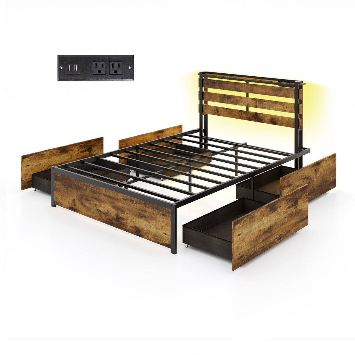Bed Frame with Drawers LED Lights and USB Ports-Simple Bed Frame-DECOROLALA