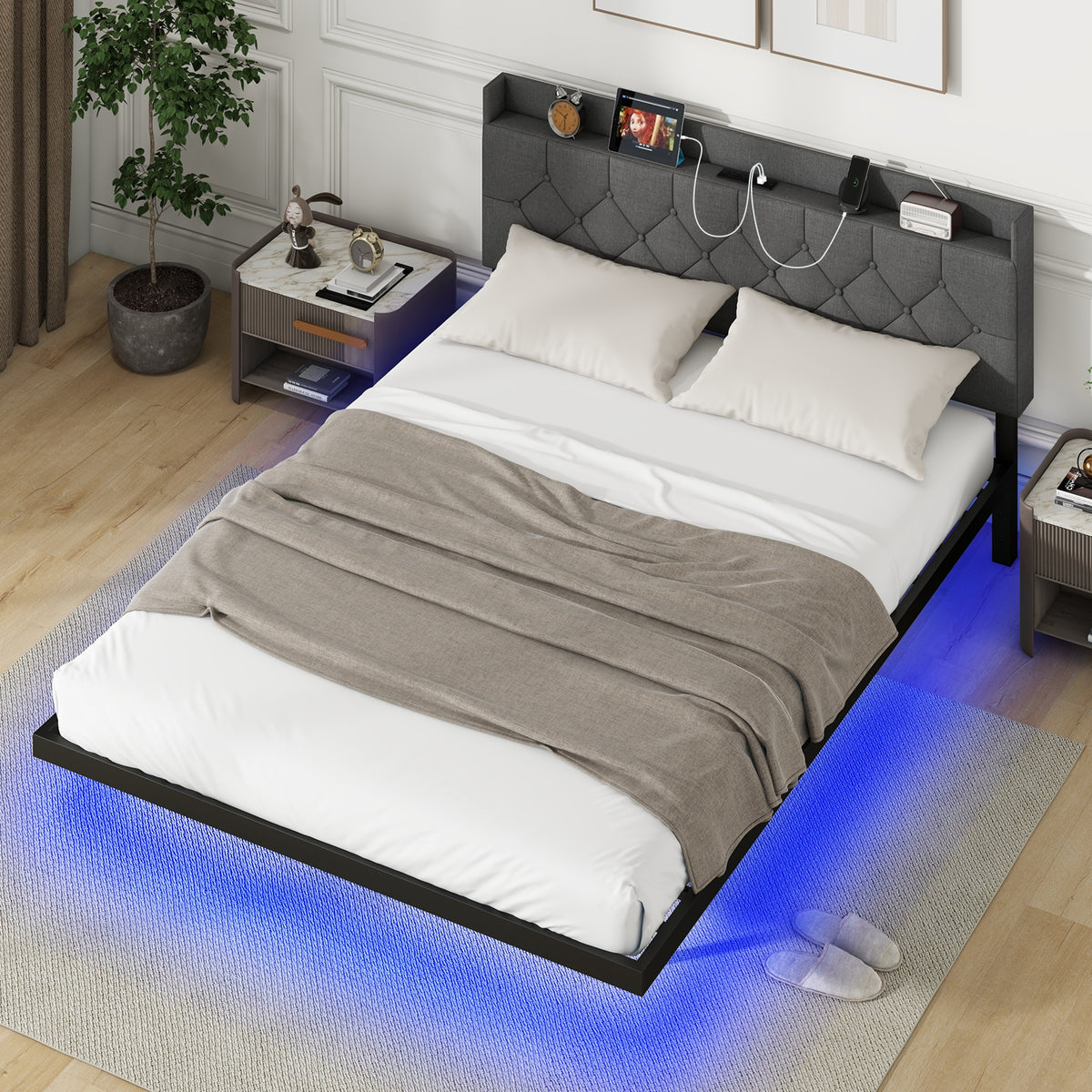 Floating Bed Frame with LED and Headboard and Charging Station-Simple Bed Frame-DECOROLALA