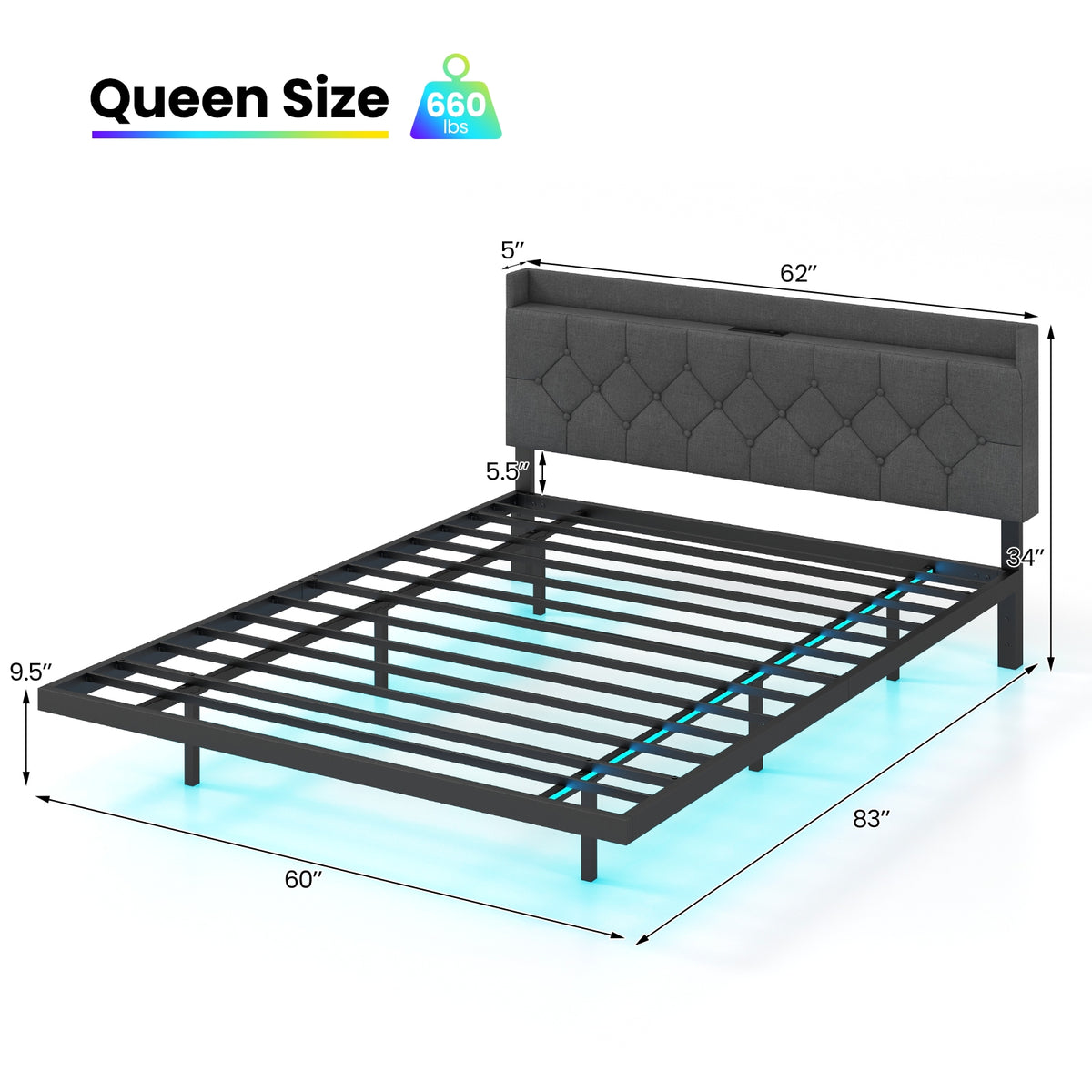 Floating Bed Frame with LED and Headboard and Charging Station-Simple Bed Frame-DECOROLALA