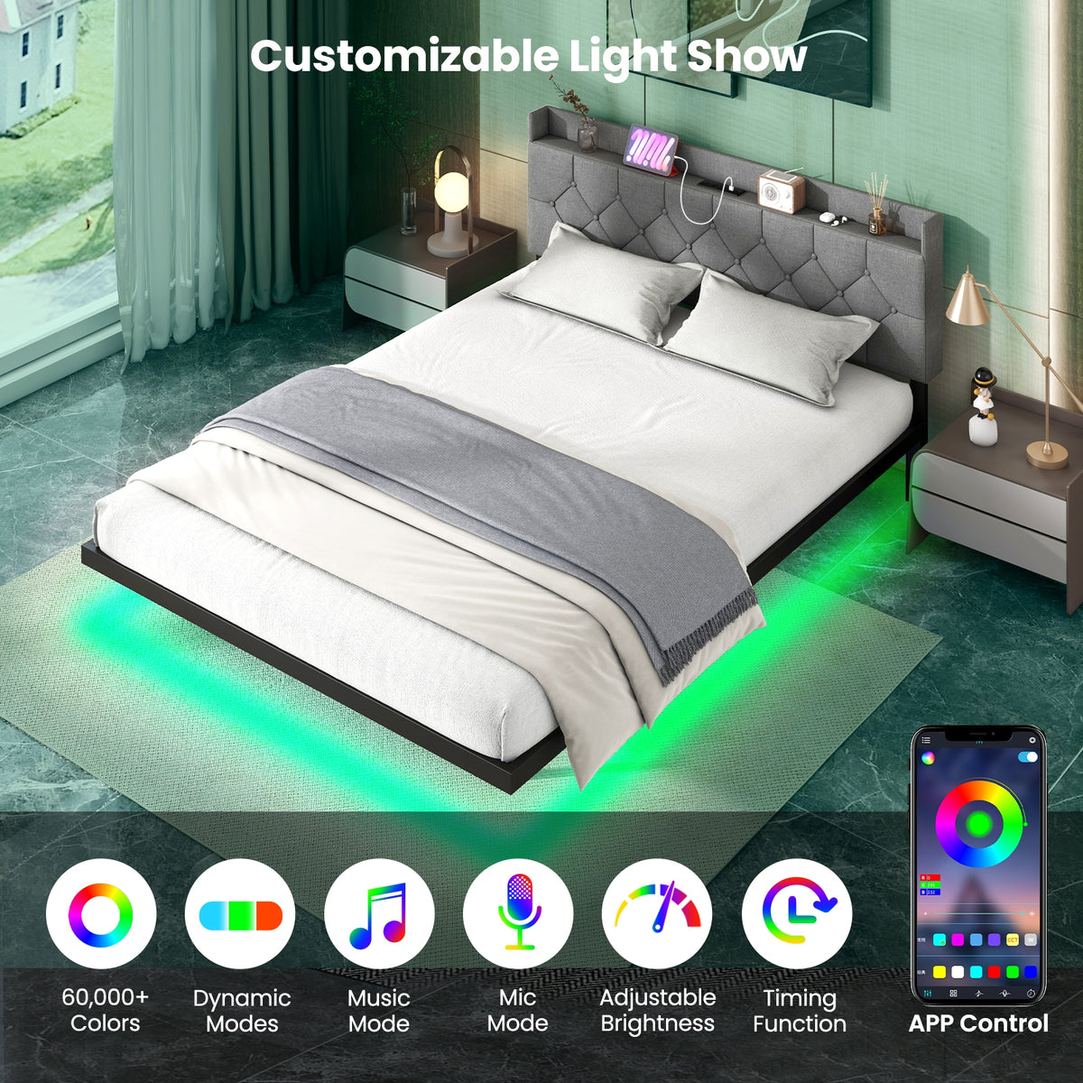 Floating Bed Frame with LED and Headboard and Charging Station-Simple Bed Frame-DECOROLALA