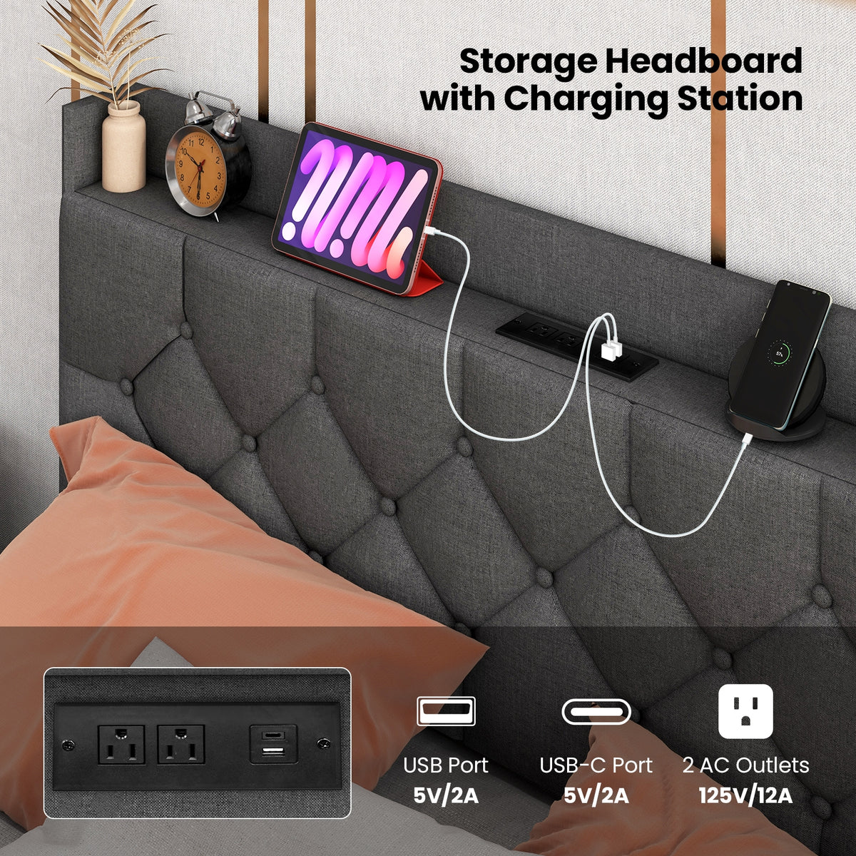 Floating Bed Frame with LED and Headboard and Charging Station-Simple Bed Frame-DECOROLALA
