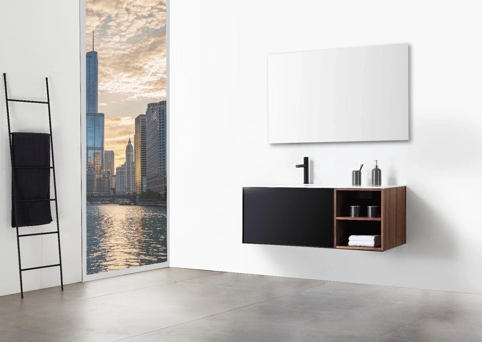 48" Walnut Wall Mount Single Sink Bathroom Vanity with White Solid Surface Countertop