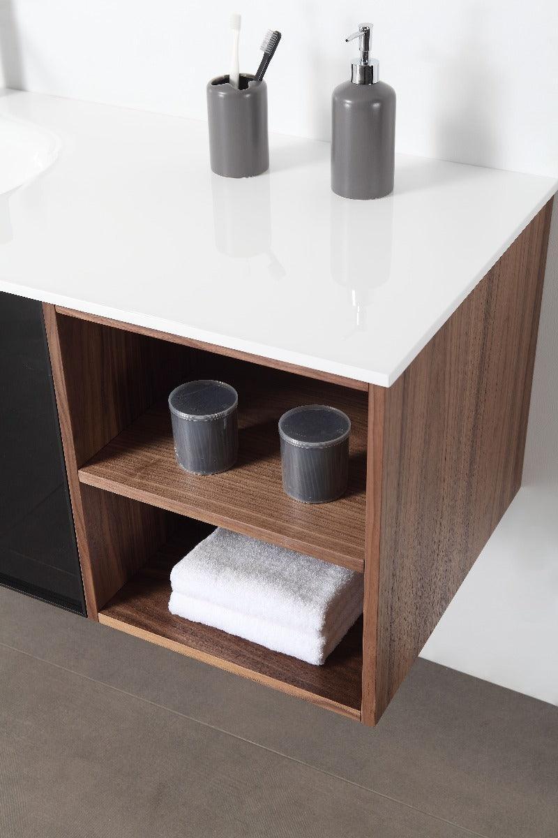 48" Walnut Wall Mount Single Sink Bathroom Vanity with White Solid Surface Countertop