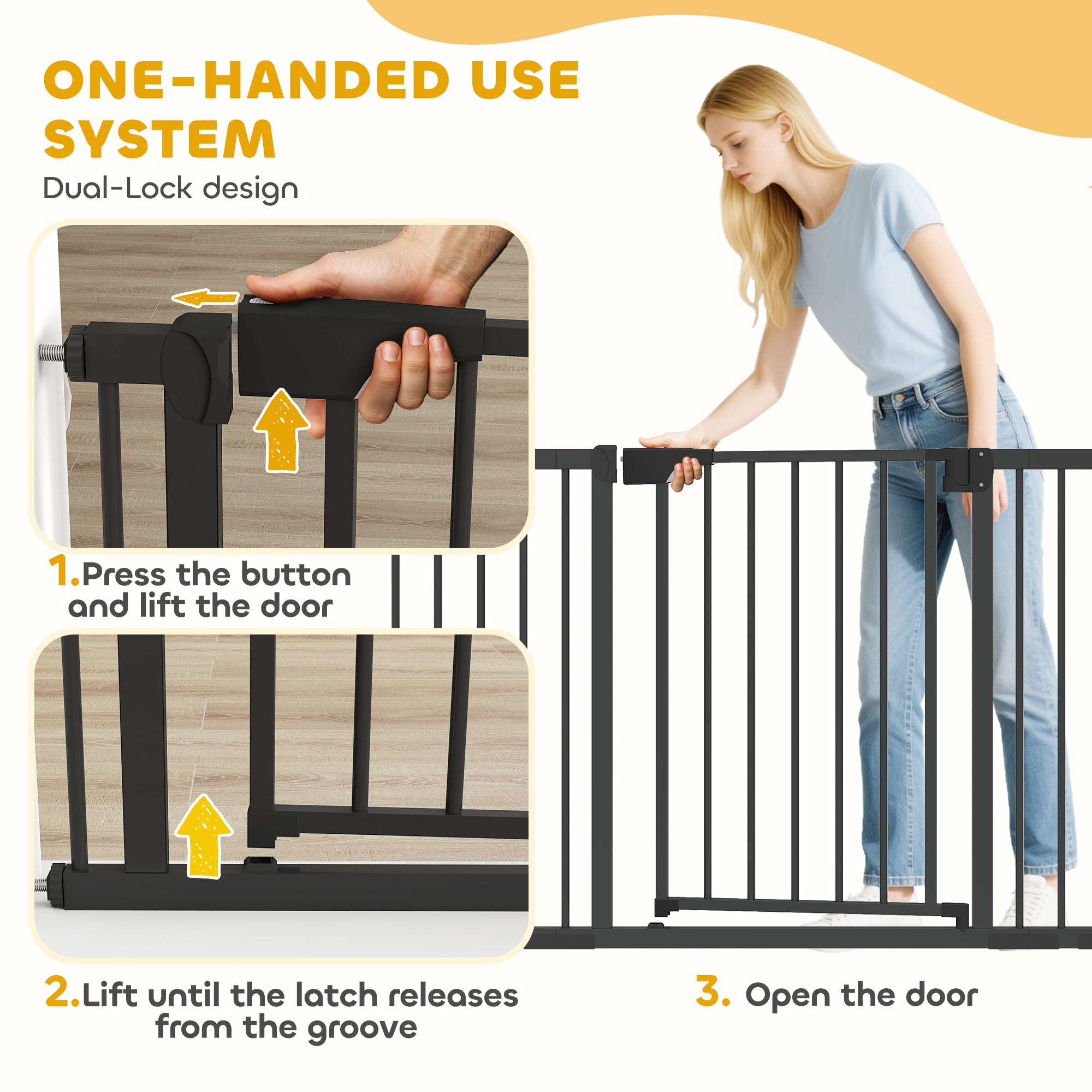 Baby Gate, Pet Safety Gate Pressure Fit, 30"-51" Wide with Two-Way Open, Auto-Close for Stair, Doorways, Hallways, Black