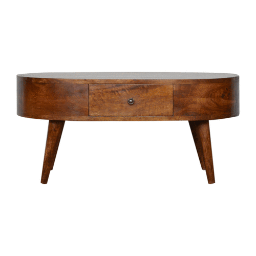 Chestnut Rounded Coffee Table - Solid Mango Wood with Drawer