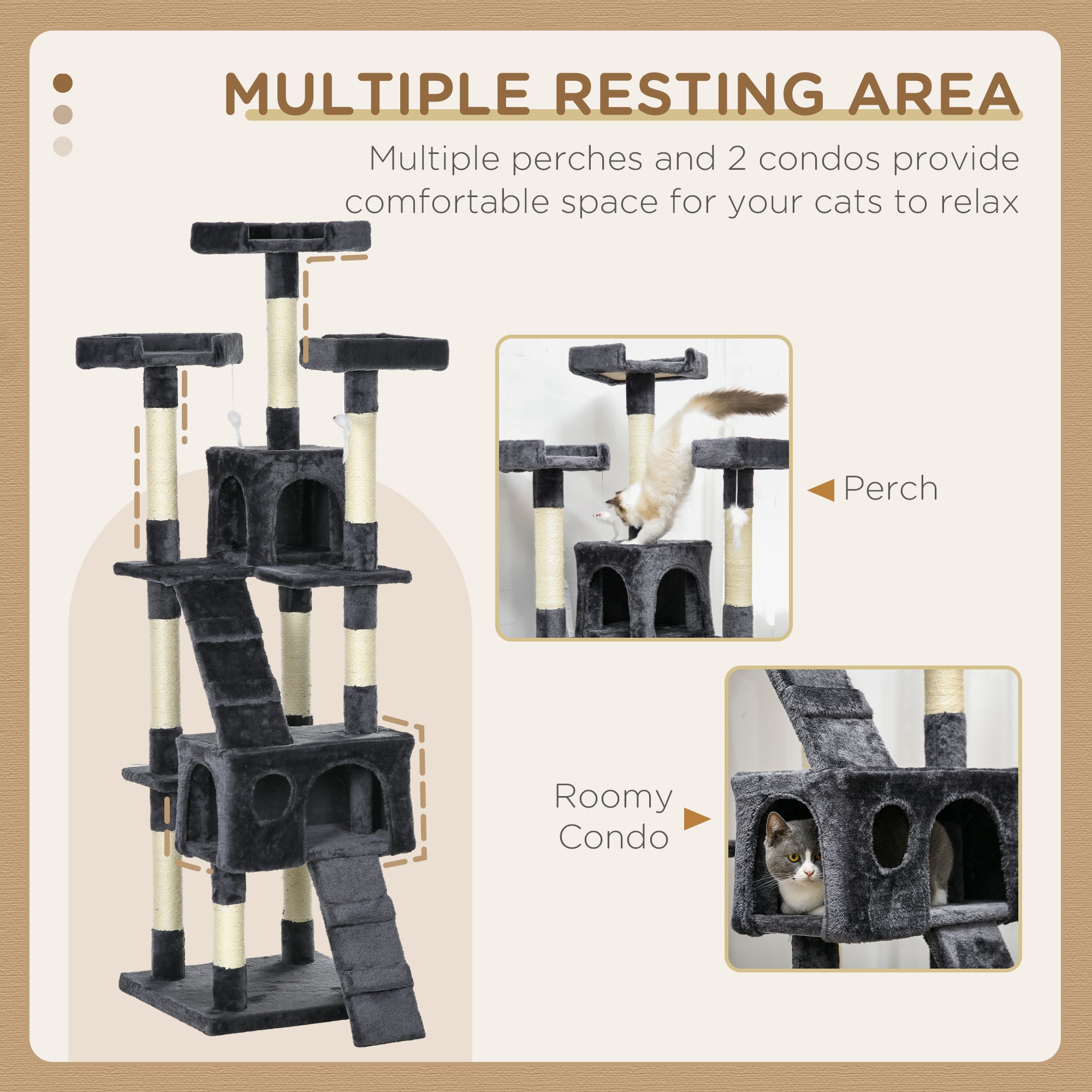 68-inch Multi-Level Cat Scratching Tree Kitty Activity Center Post Tower Condo Pet Furniture w/ Toy Charcoal Grey