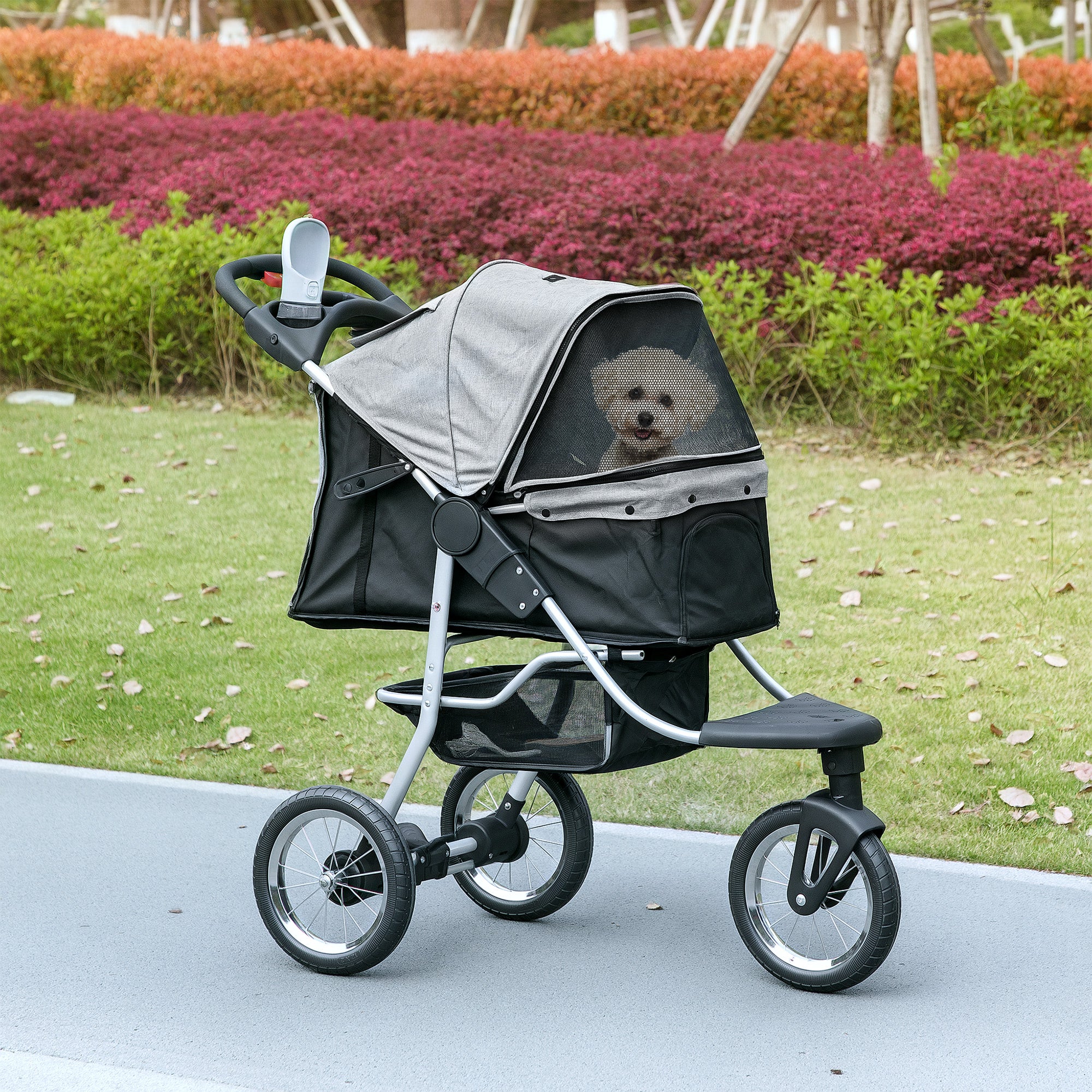 Small Dog Stroller, 3-Wheel Foldable Pet Stroller with Adjustable Canopy and Zippered Mesh Door for Pet Owners, Grey