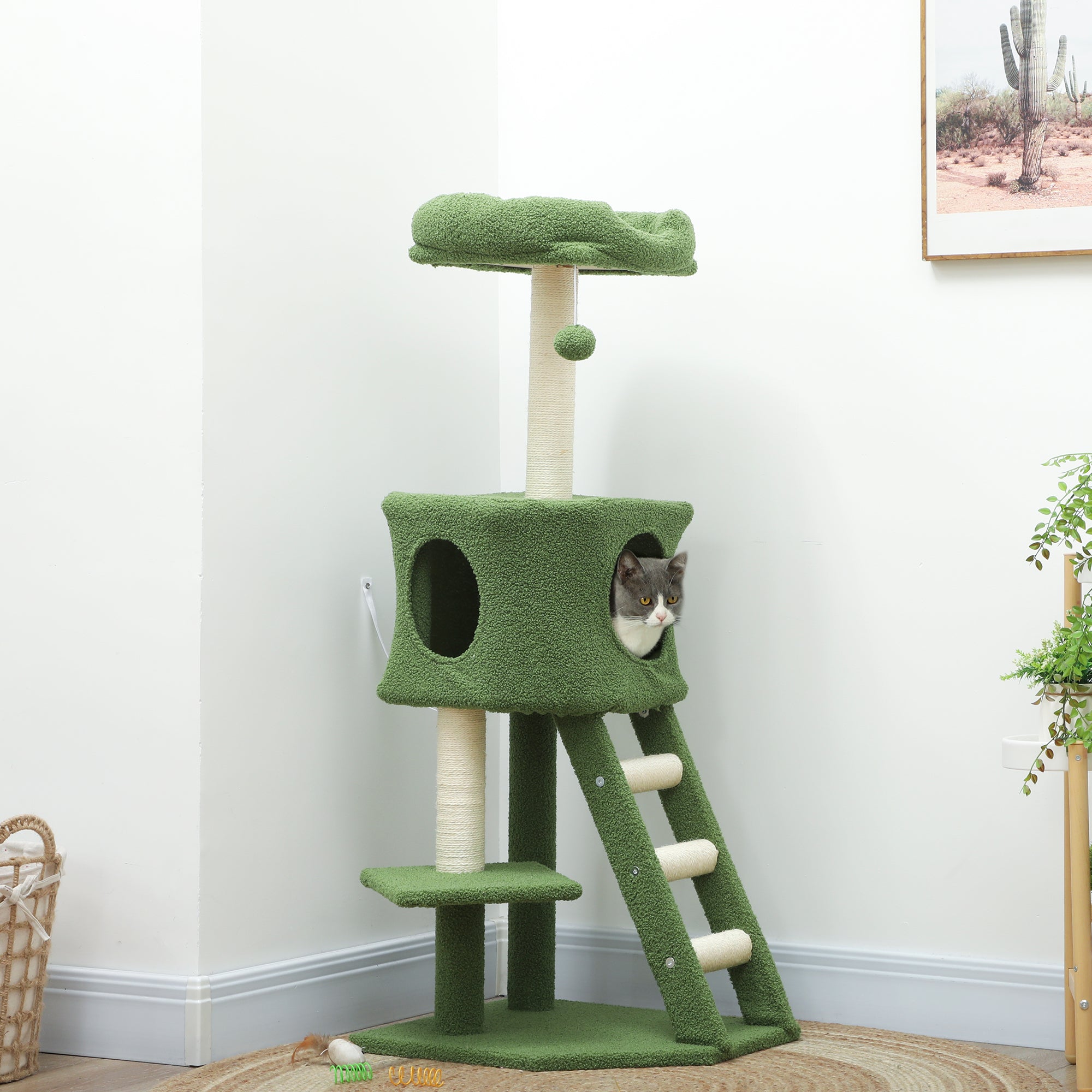 47" Tall Cat Tree Tower with Condo, Ladder, Scratching Posts and Hanging Ball, Green