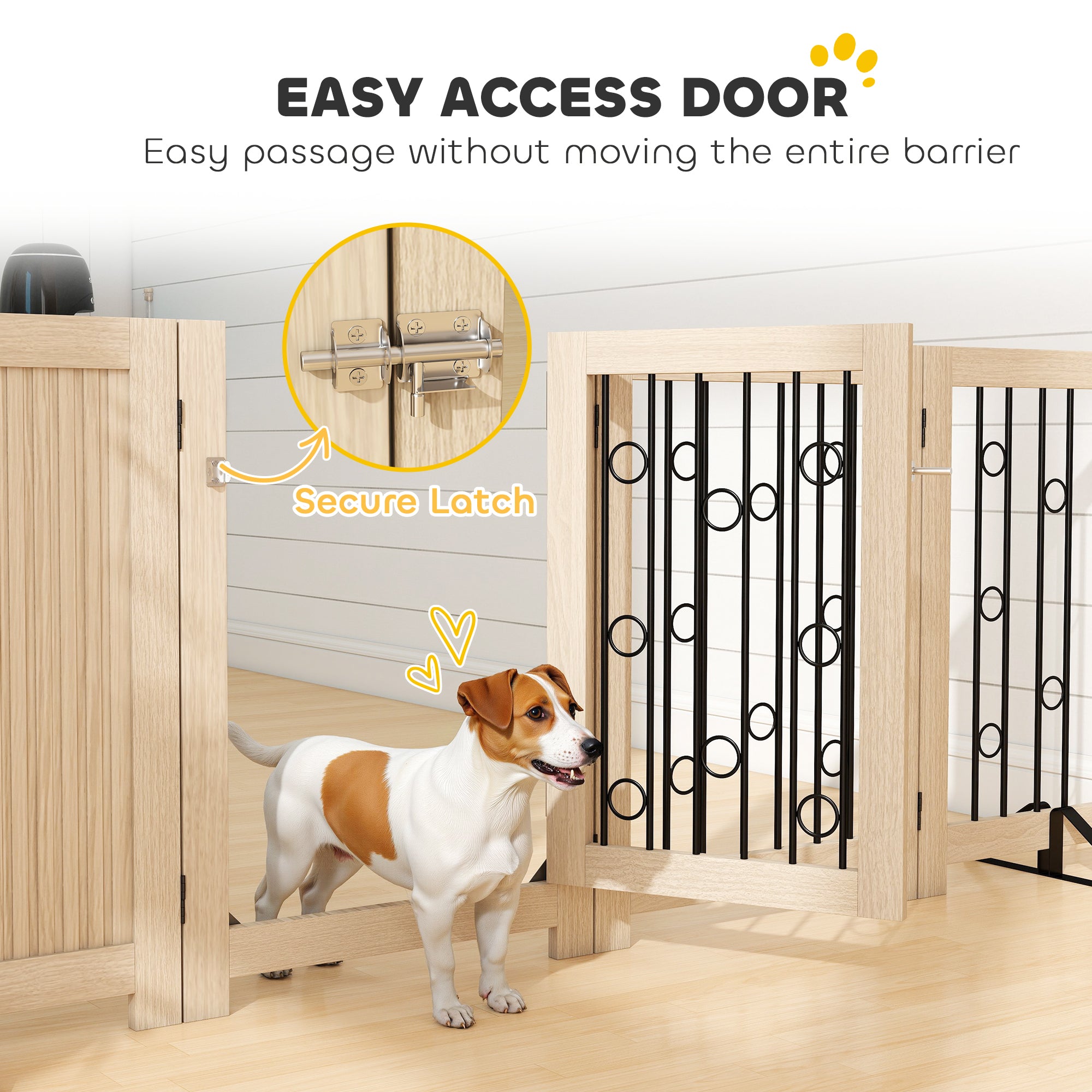 reestanding Dog Gate, Wooden Foldable Pet Gate with 4 Panels, Walk-Through Door, Support Feet, Non-Slip Mats