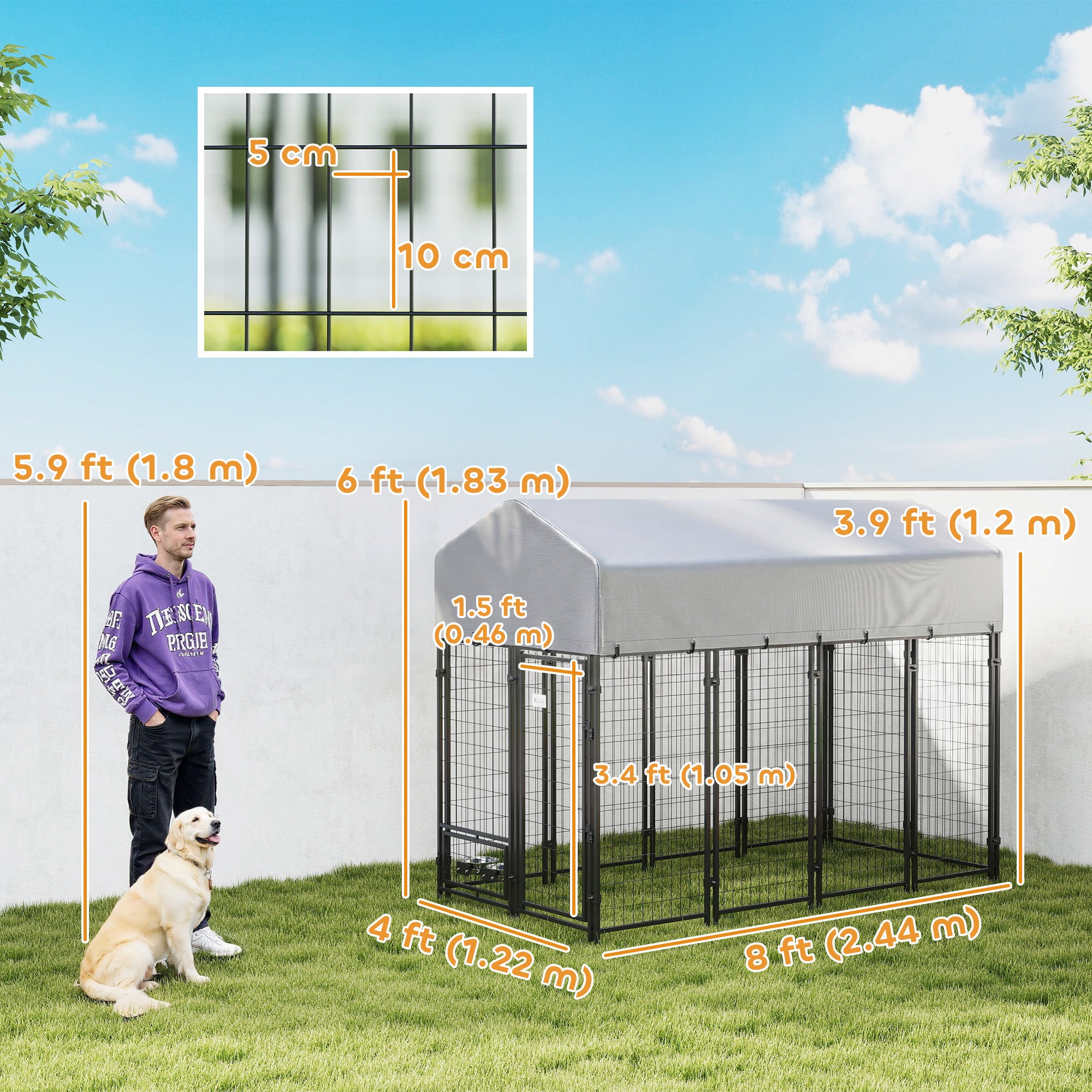 8' x 4' x 6' Outdoor Dog Kennel, Dog Kennel Outside Run with 360° Rotating Bowls, Waterproof & UV Resistant Cover