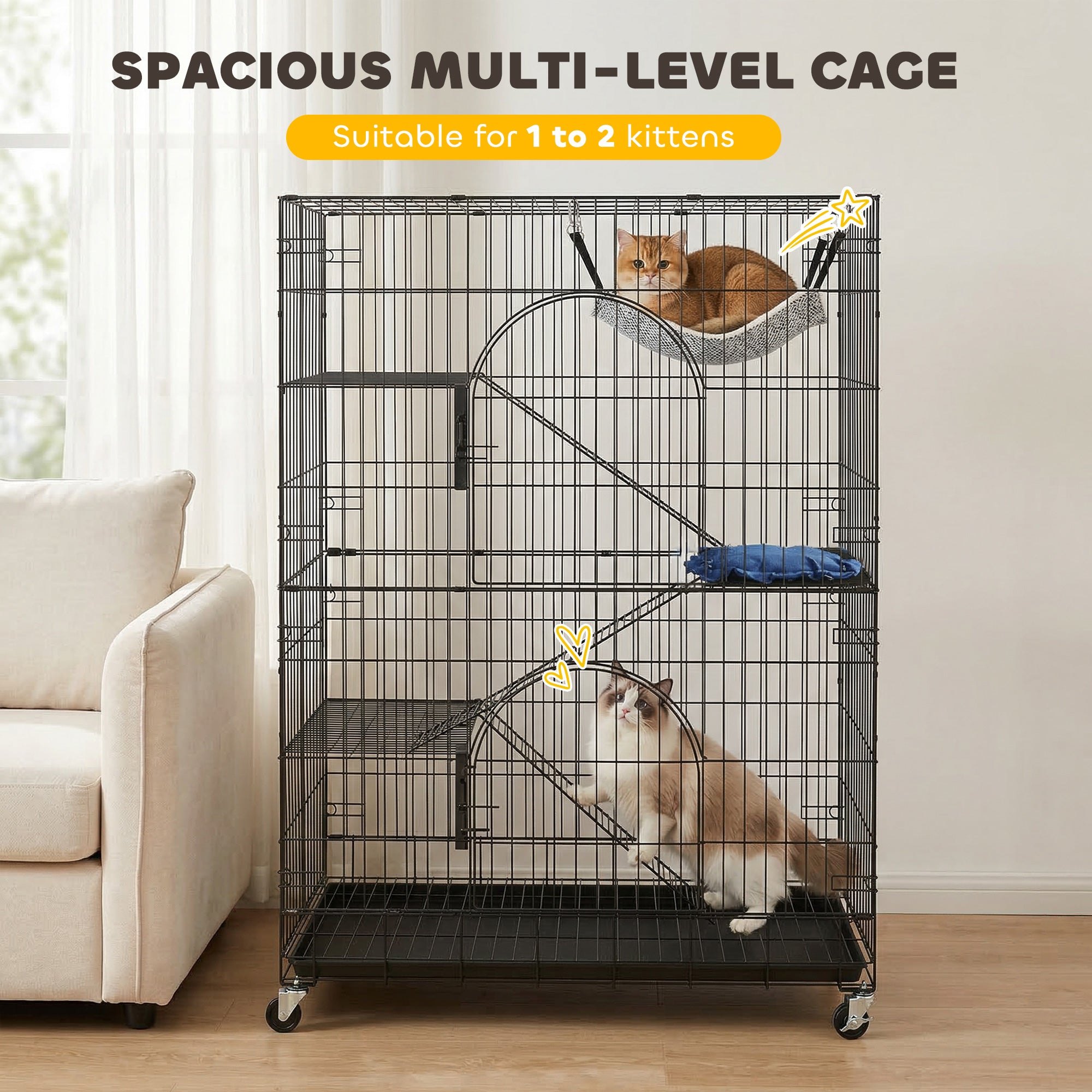 4-Tier Cat Cage, Large Cat Enclosure with Lockable Wheels, Tray, Hammock, Bed, 3 Ramp, 3 Platforms for 3-5 Kittens
