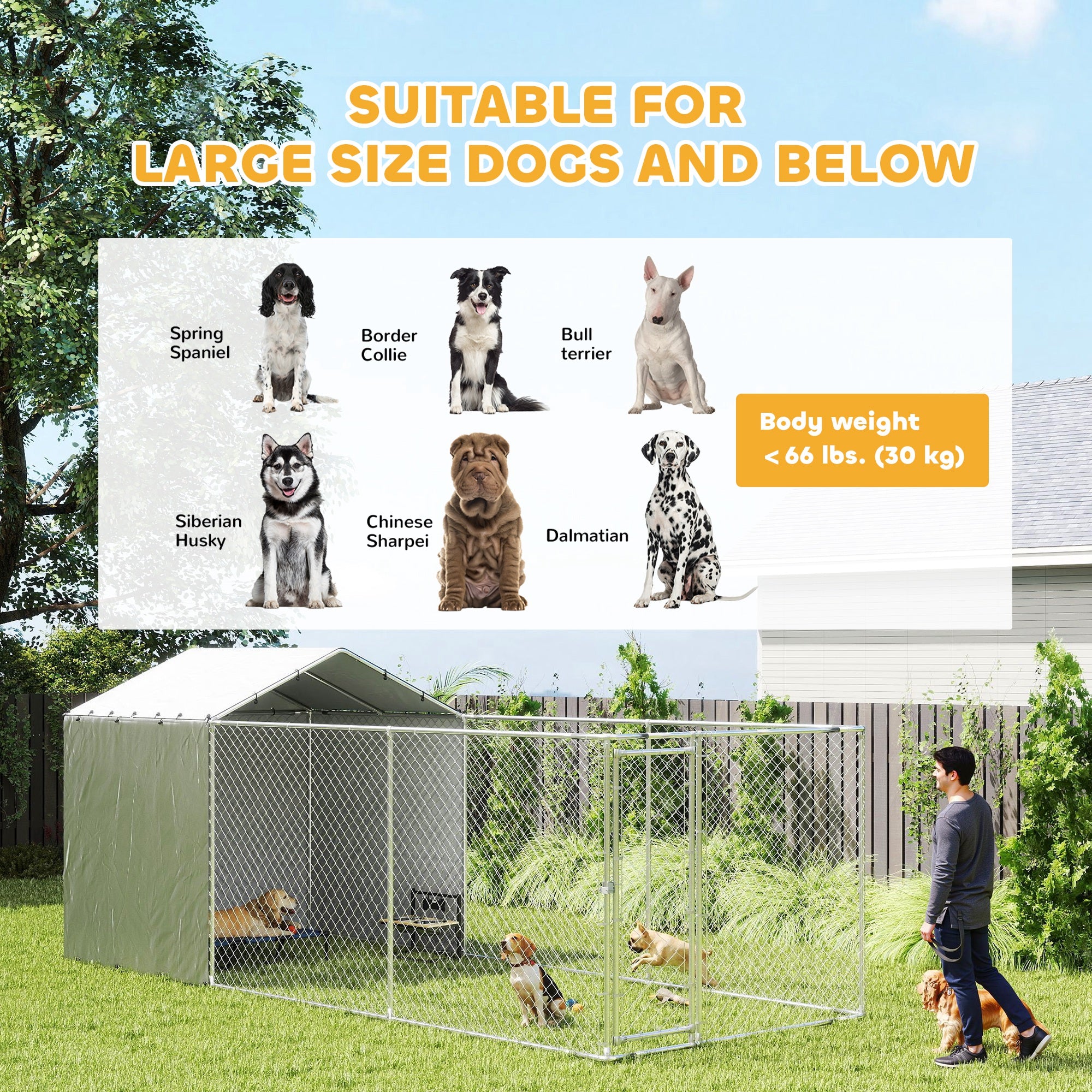 Galvanized Steel Dog Kennel Outdoor with Waterproof & UV-Resistant Cover for Large Dogs, 19.7' x 7.5' x 7.5'