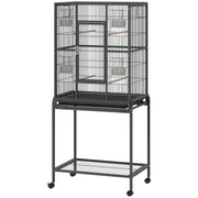 56"H Bird Cage, Parrot Cage w/ Detachable Rolling Stand, Removable Tray, Storage Shelf, Perches, Food Container