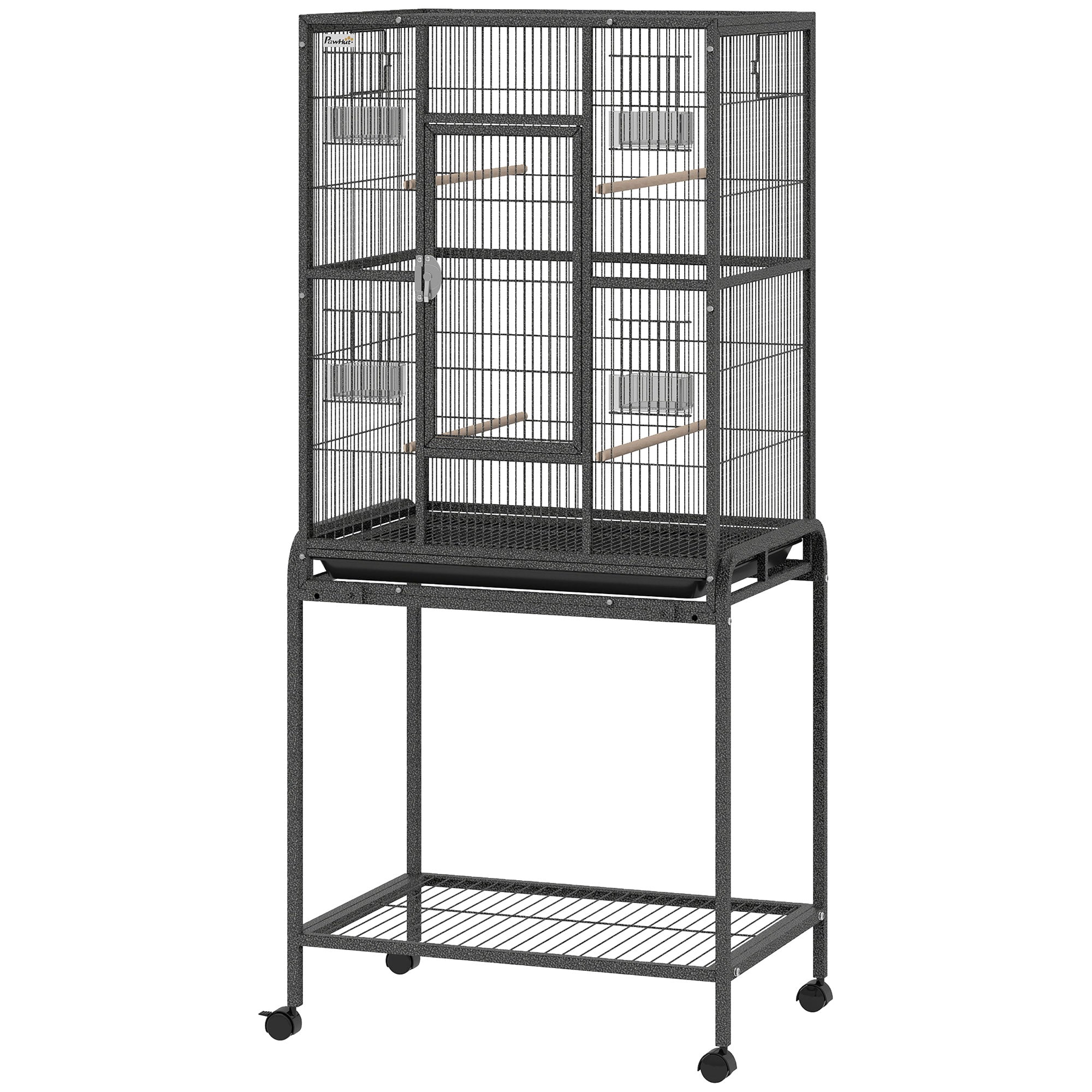 Cage à oiseaux de 56 po, cage à perroquet avec support roulant amovible, plateau amovible, étagère de rangement, perchoirs et récipient à nourriture