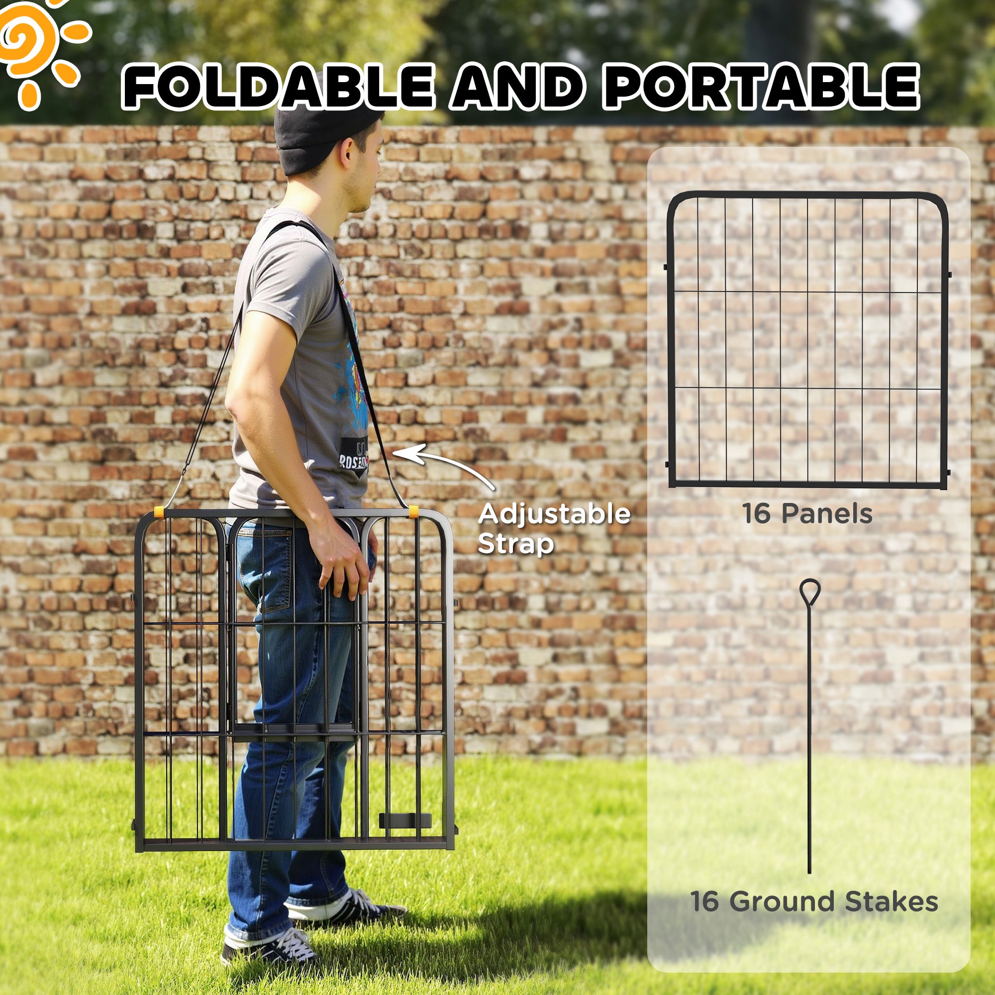 16 Panels Dog Playpen with Straps, Portable & DIY, for Small Dogs, for Yard, RV, Camping, Garden, 24" Height