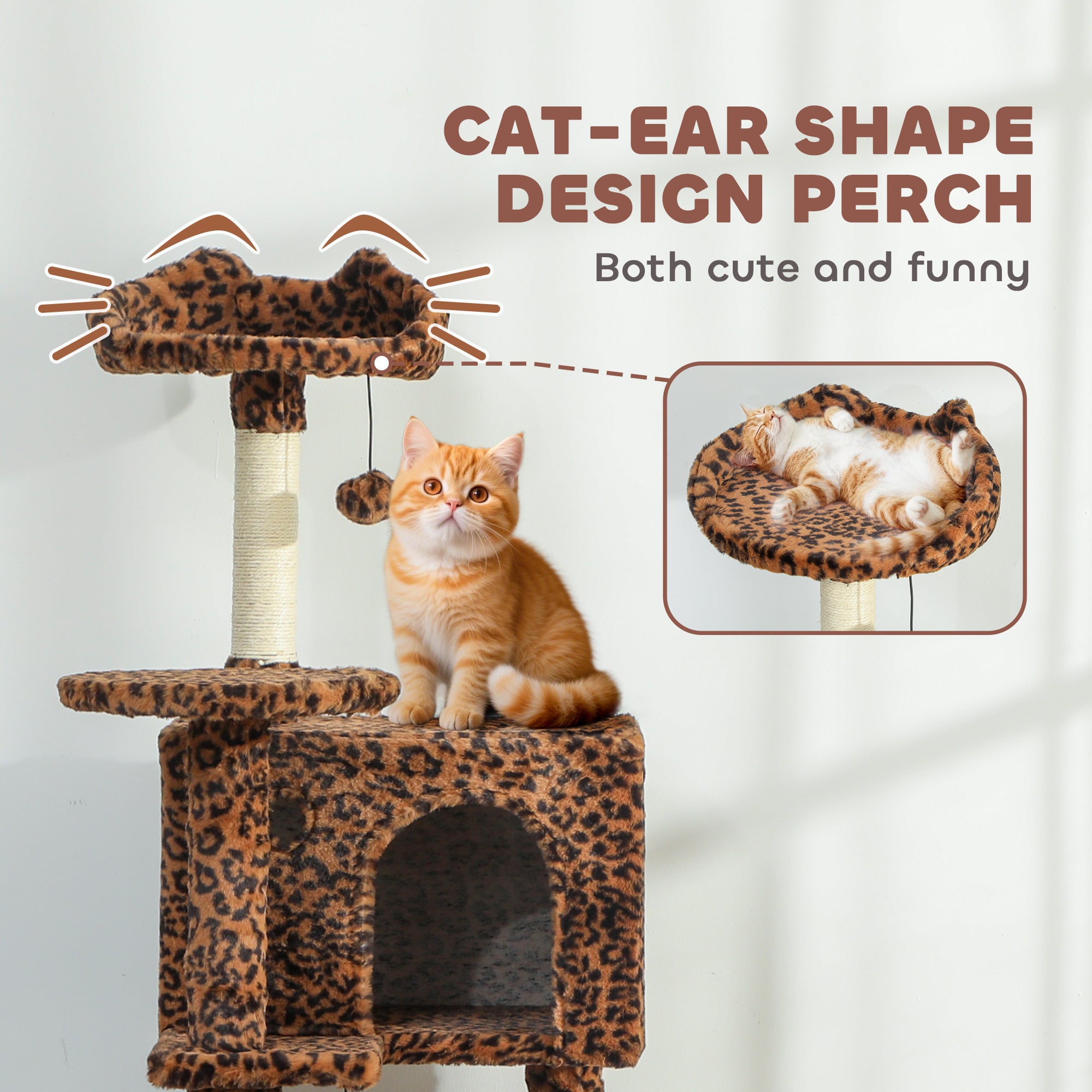63 Inch Cat Tree with Sisal Scratching Posts, Condos, Plush Perches, Hammock, Ladder, Dangling Balls, Leopard Print