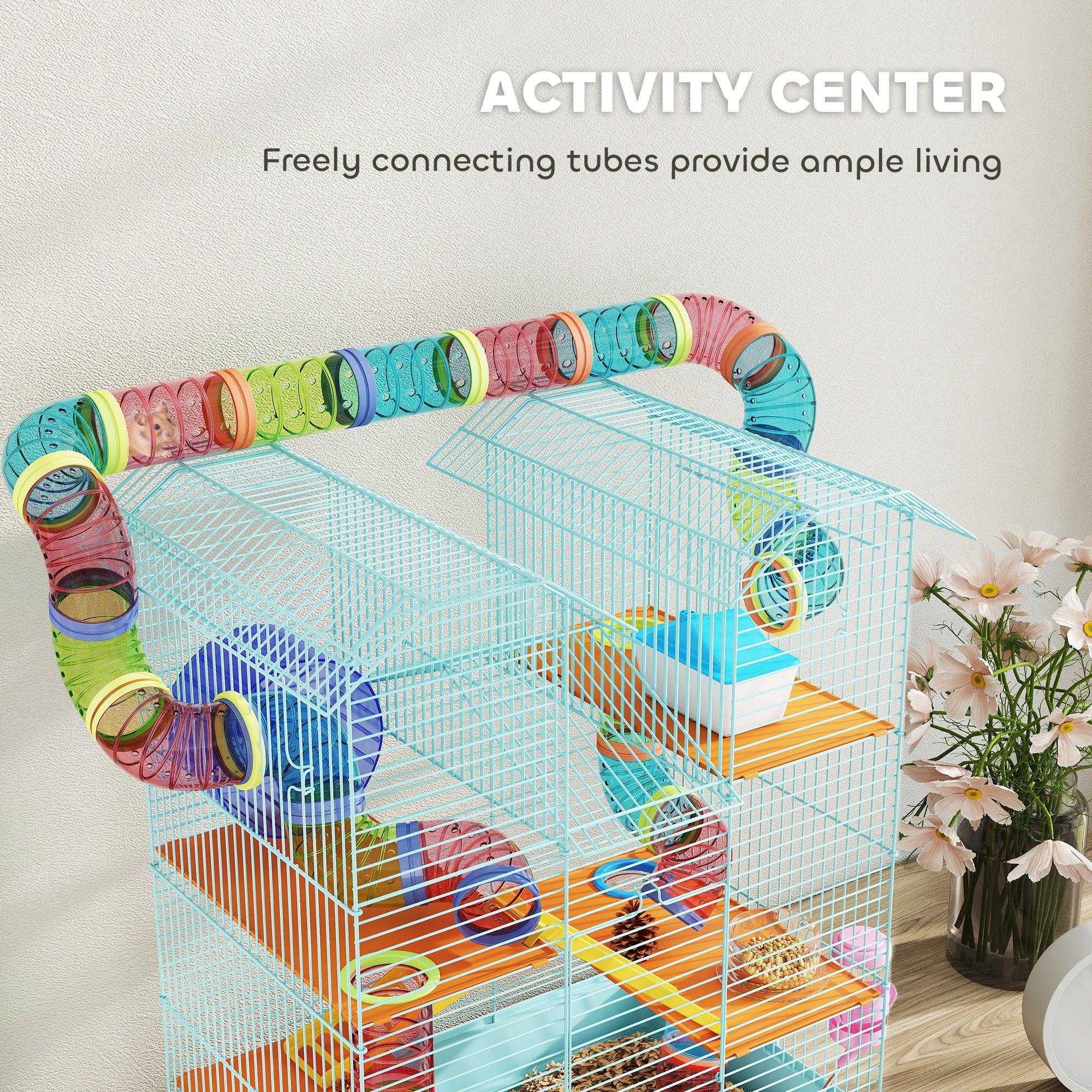 18.5" Hamster Cage, 5 Tiers Small Animal House with Tunnel Tube System, Exercise Wheel, Water Bottle, Light Blue