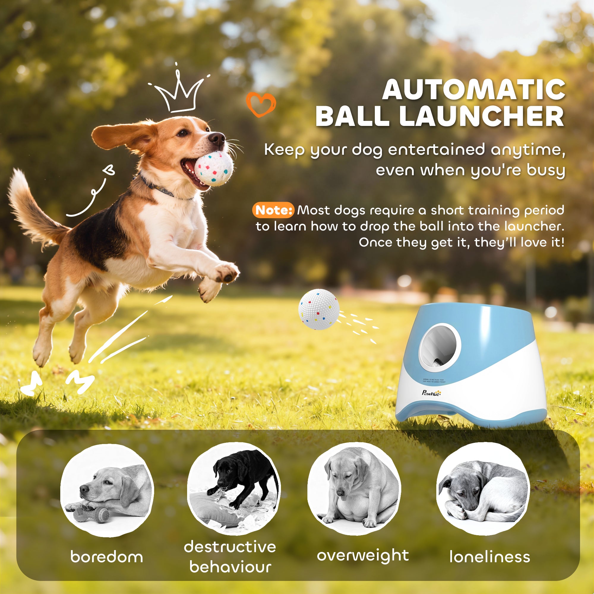 Automatic Dog Ball Launcher with 5 ETPU Balls 2.3", 3 Distance Settings 20ft, 33ft, 46ft, Blue