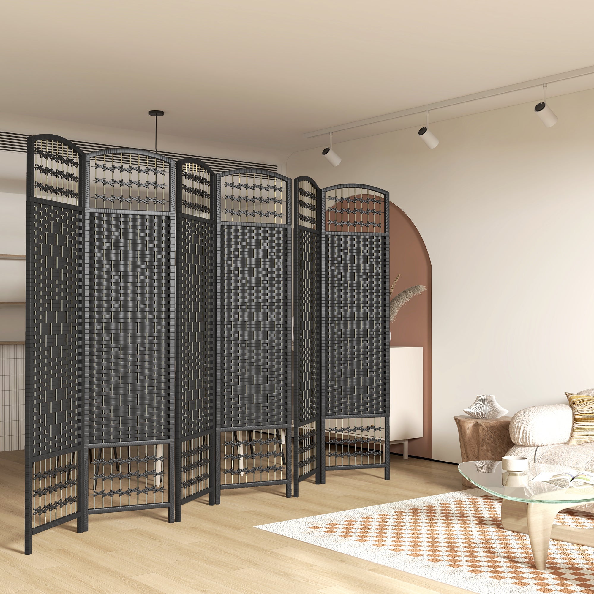 6 Panel Folding Room Divider, Portable Privacy Screen, Wave Fiber Room Partition for Home Office, Black