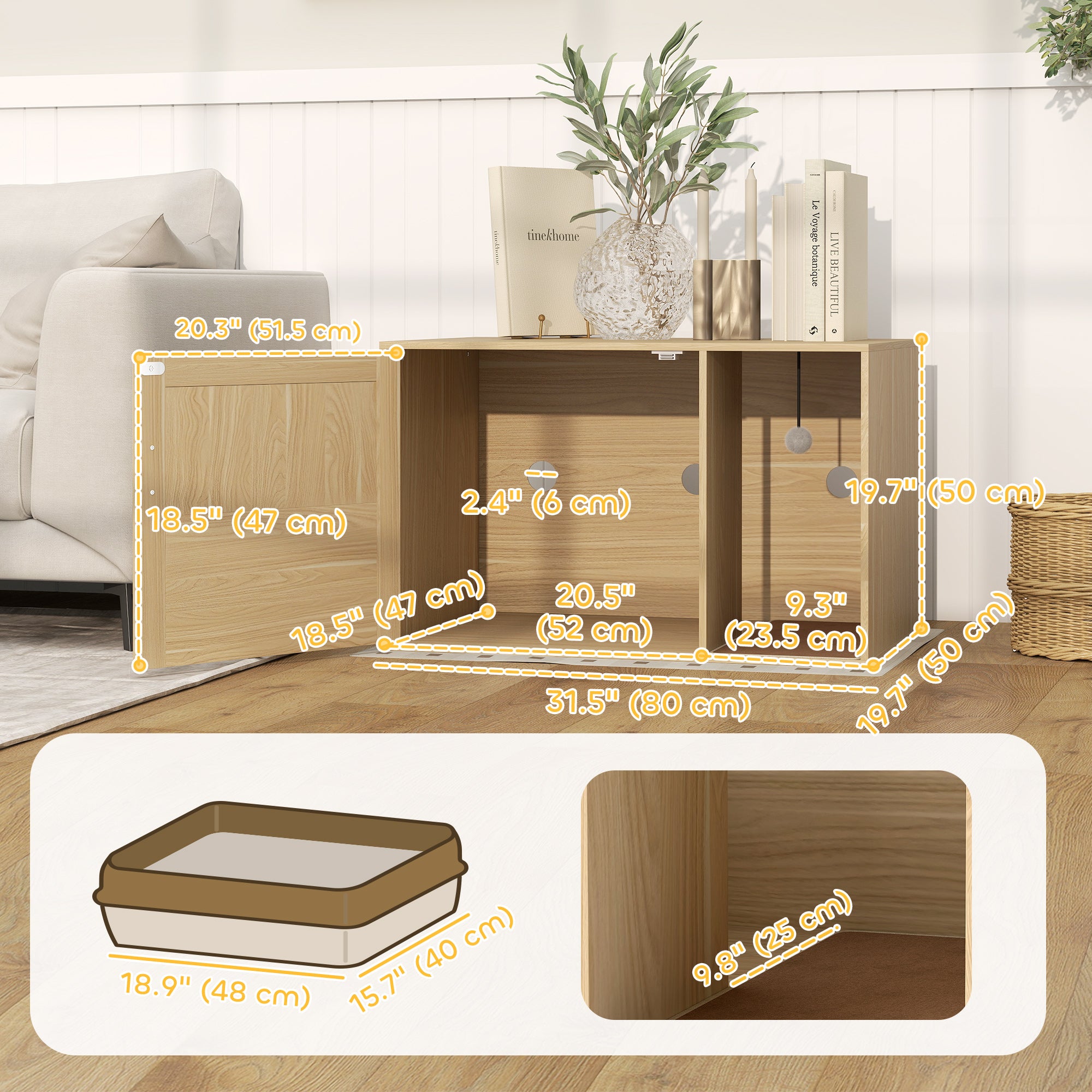Cat Litter Box Enclosure, Cat Washroom End Side Table with Rattan Door, Scratching Pad, Non-slip Foot Pads, Oak