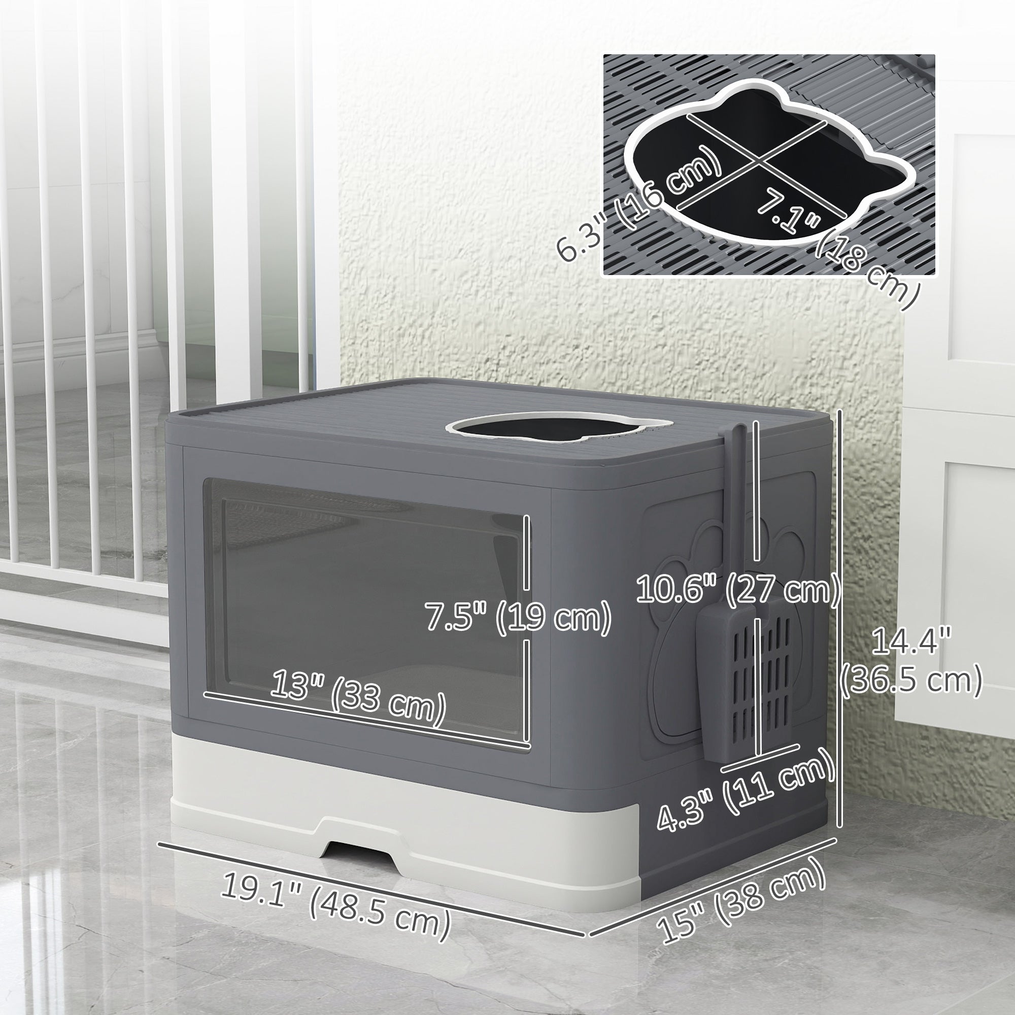 Cat Litter Box, Front Enter & Top Exit Cat Litter Tray with Scoop, Pull-out Tray, Easy to Clean, Grey