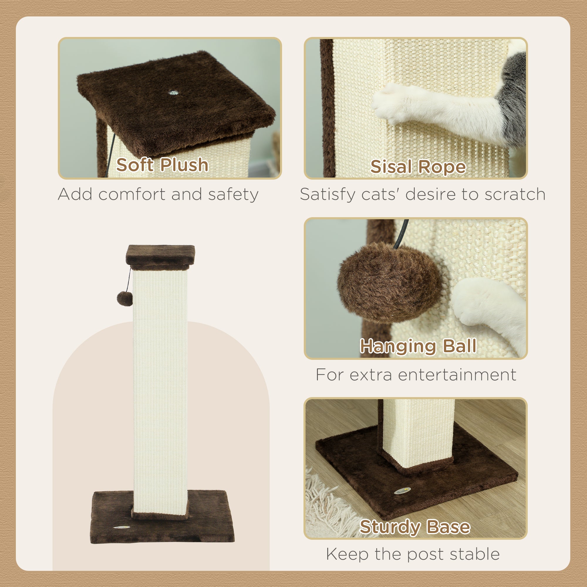 32" Tall Cat Scratching Post for Indoor Cats and Kittens, Sisal Cat Scratcher with Hanging Ball Soft Plush, Brown