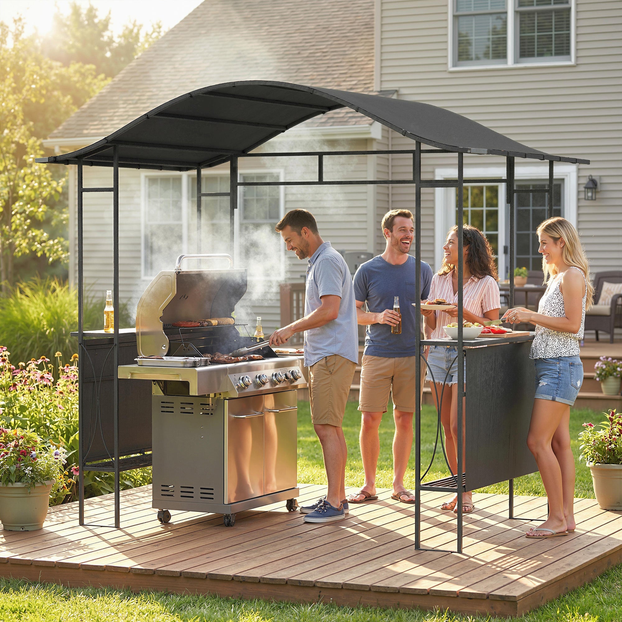 8' x 5' Grill Gazebo - Outdoor BBQ Shelter with Shelves, Dark Grey