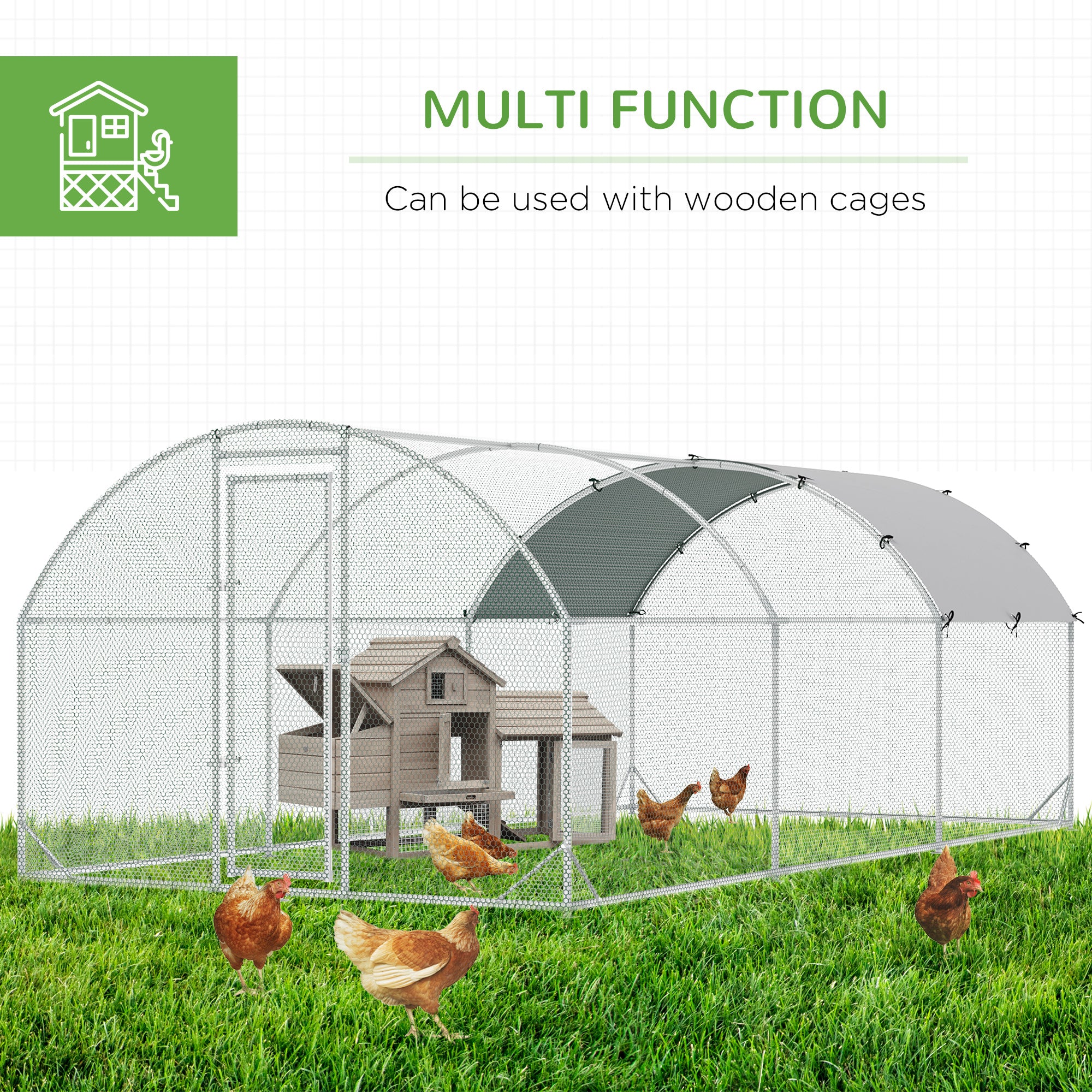 Grand enclos-cage métallique galvanisé pour poules, avec accès intérieur, parcours pour volailles, poulailler, parc de jeu et clapier pour lapins avec couverture, pour extérieur et jardin, 9,2' x 18,7' x 6,5', argenté