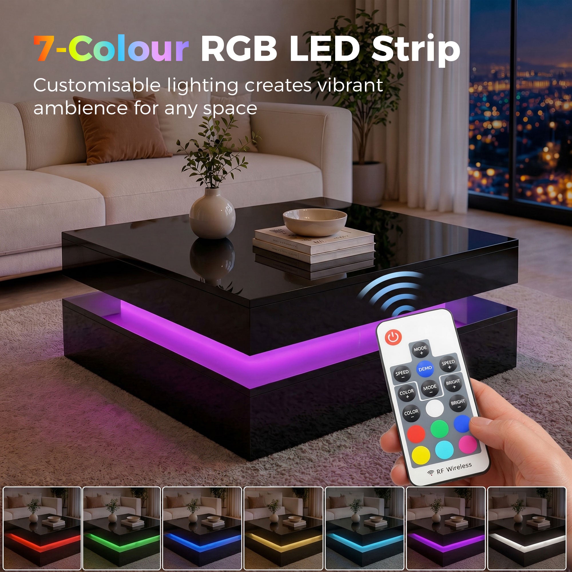 LED Coffee Table with Storage, 2-Tier Modern Center Table with Open Shelf and Remote for Living Room, High Gloss Black-Home Furnishings > Living Room Furniture > Coffee Tables-DECOROLALA