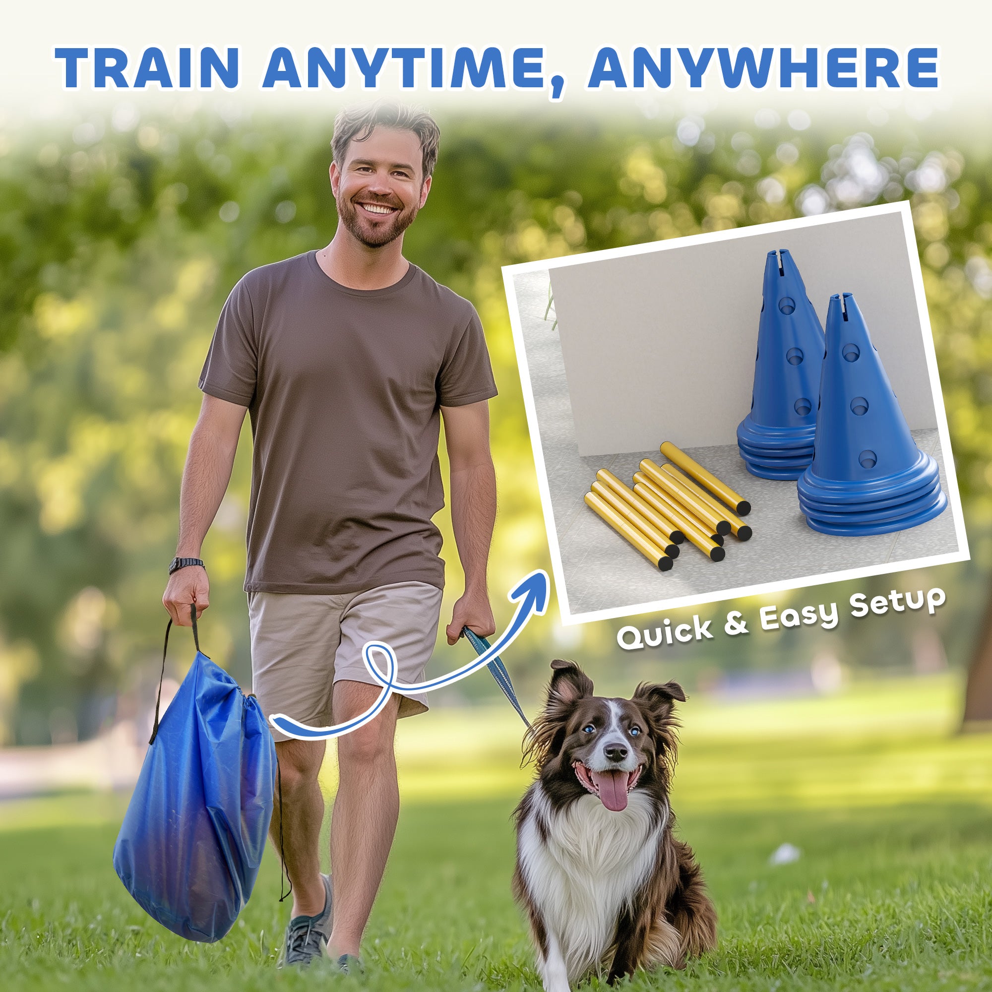 Ensemble de cônes et de haies d’agilité pour chiens, parcours d’obstacles réglable avec 8 cônes et 8 barres, sac de transport, bleu