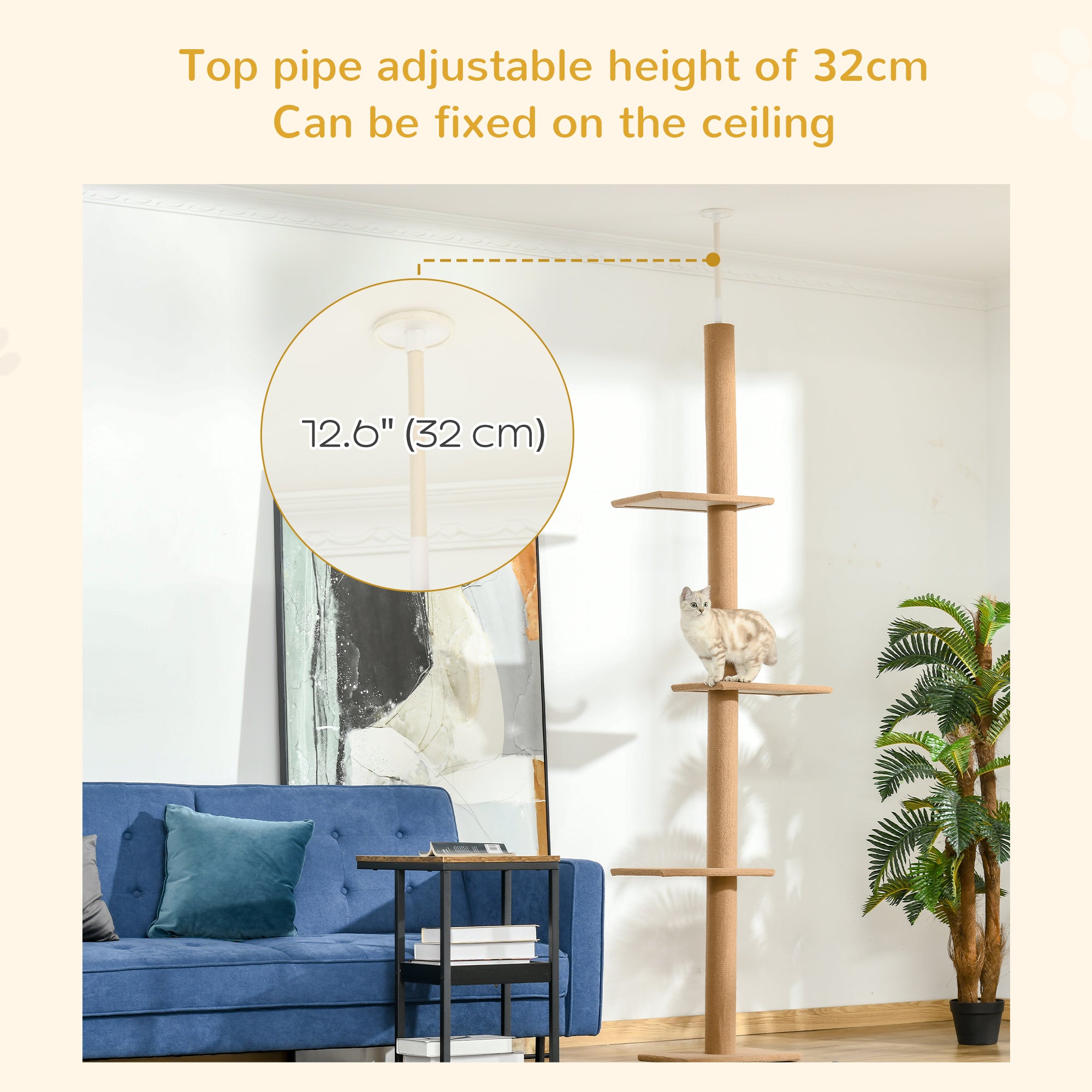 Arbre à chat de 100" du sol au plafond avec 3 perchoirs, centre d’activités pour chatons, tour et meuble pour chat, marron clair