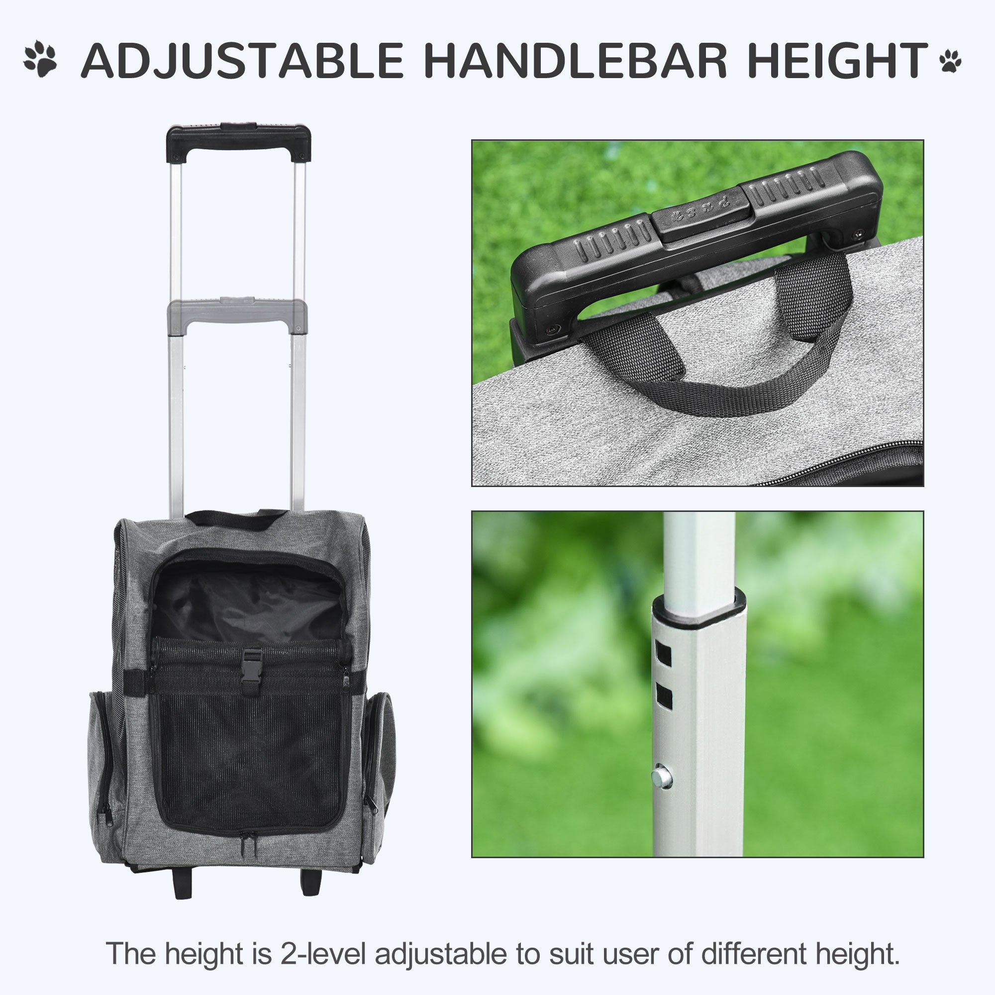 Valise pour animaux 2-en-1, sac à dos et caisse de transport pour chats et chiens avec poignée et roulettes, grise