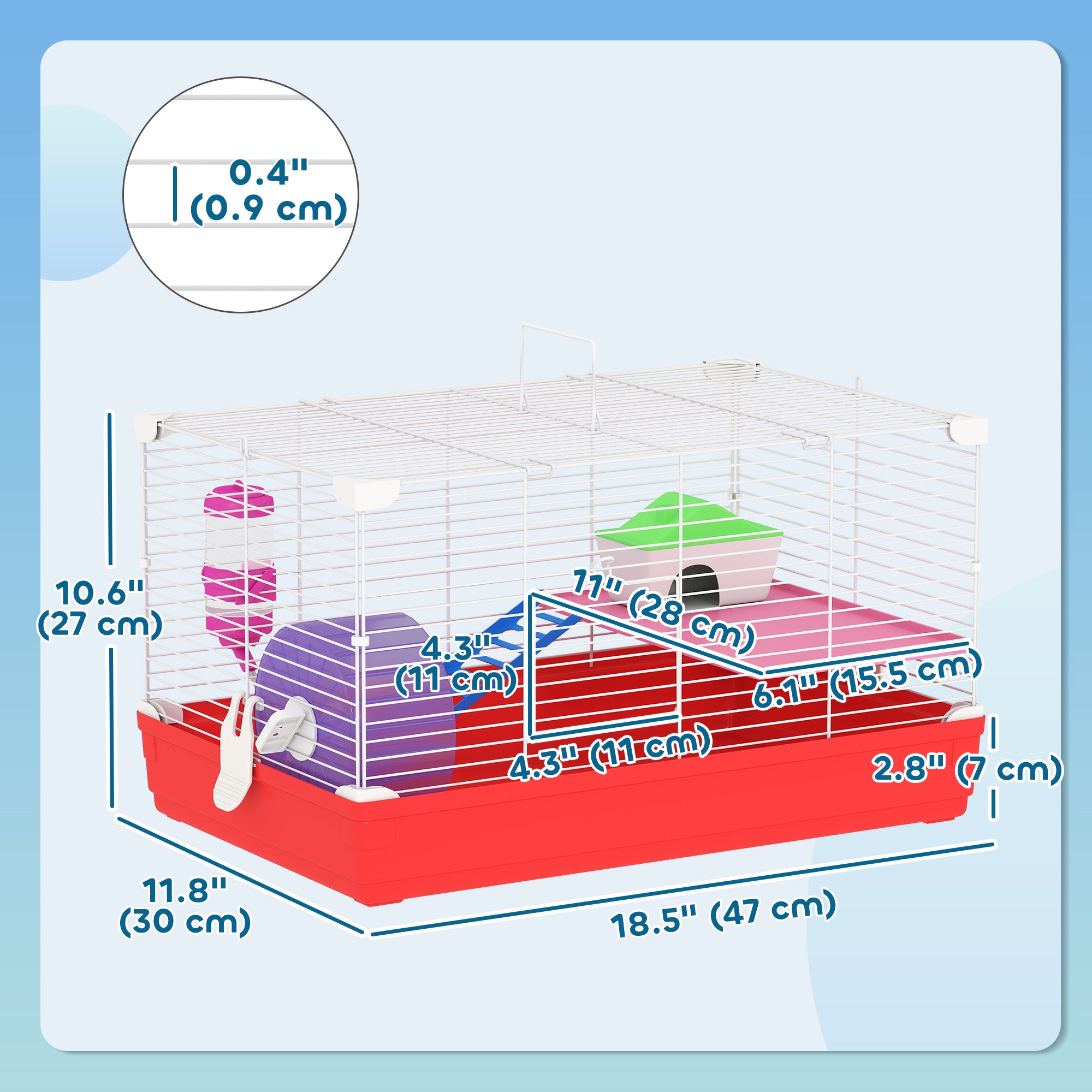 Cage pour hamster de 18.5'' avec roue d’exercice et gamelles-biberon, maison et habitats pour rats, conception à 2 étages, rouge