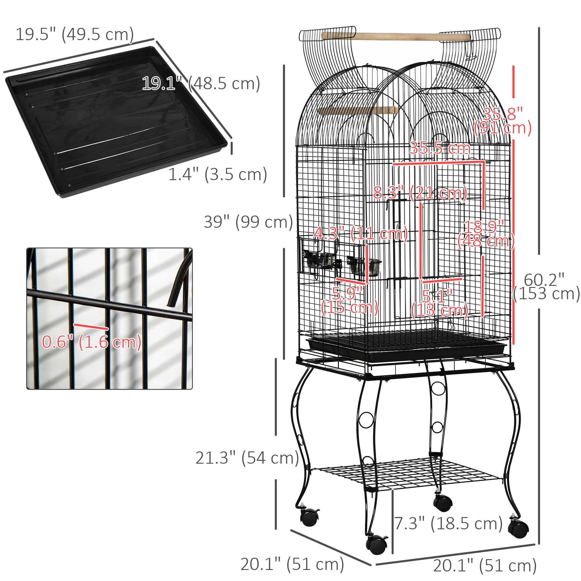 Grande cage à oiseaux de 60" avec toit ouvrable pour calopsitte et conure soleil