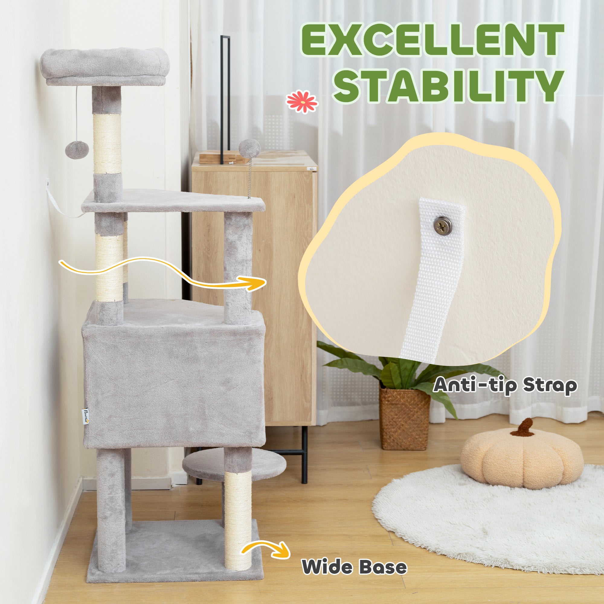 54 Inch Cat Tree with Large Condo, Top Perch, Sisal Scratching Posts, Dangling Toy Ball,Light Grey