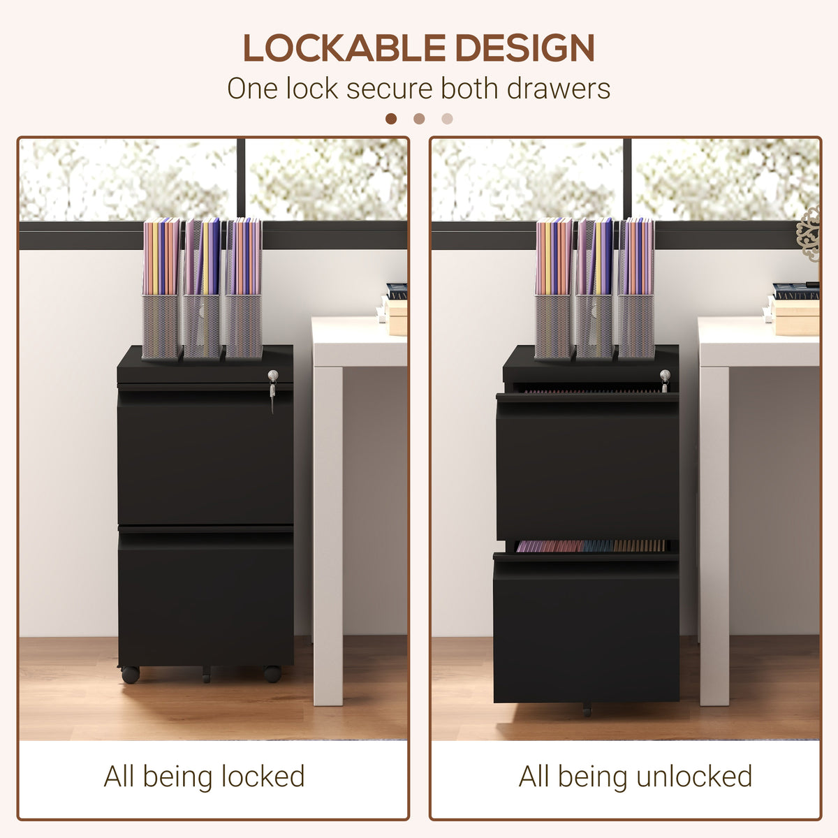 2-Drawer Mobile Steel Filing Cabinet with Lock - Black