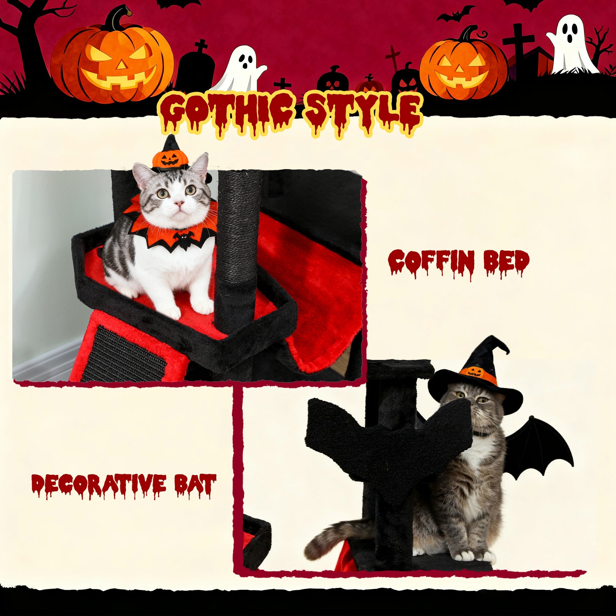 Gothic Cat Tree, 60" Tall Cat Tower with Coffin Bed,  Sisal Scratching Posts & Ramp, Condo, Hammock, Perches, Black