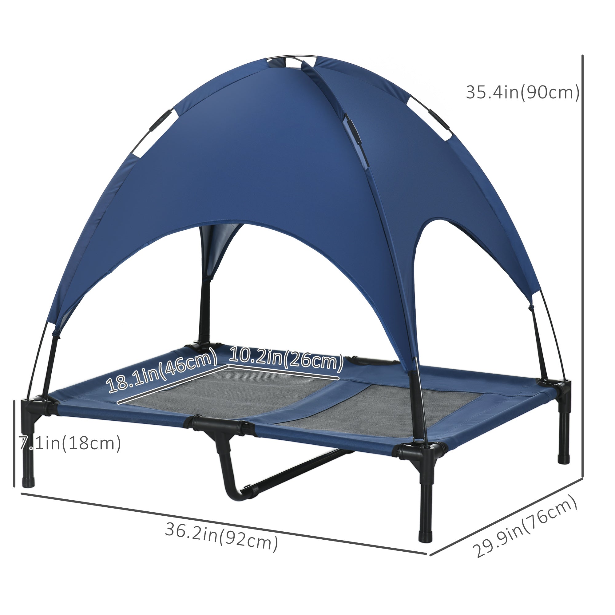 Lit surélevé pour chien avec auvent, lit pliant surélevé portable pour chiens de taille L, intérieur et extérieur, 36" x 30" x 35", bleu foncé