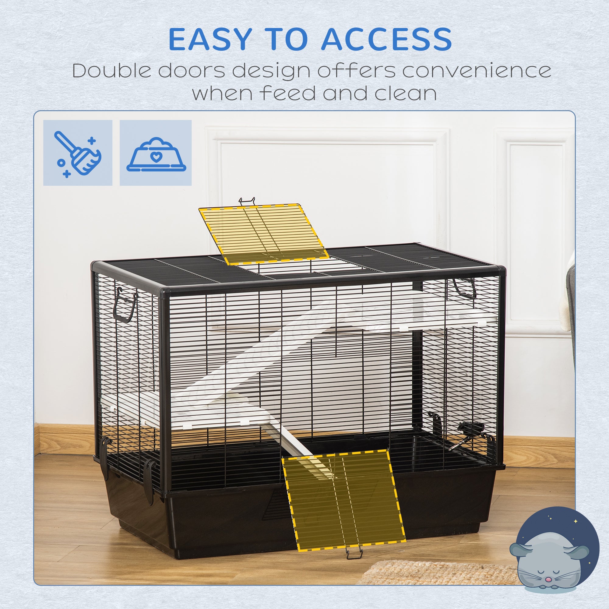 Cage à hamsters à 3 niveaux, cage pour cochons d’Inde, maison de jeu intérieure pour chinchillas avec accessoires : gamelle, biberon, rampes, 31.5"x19"x 23", noire