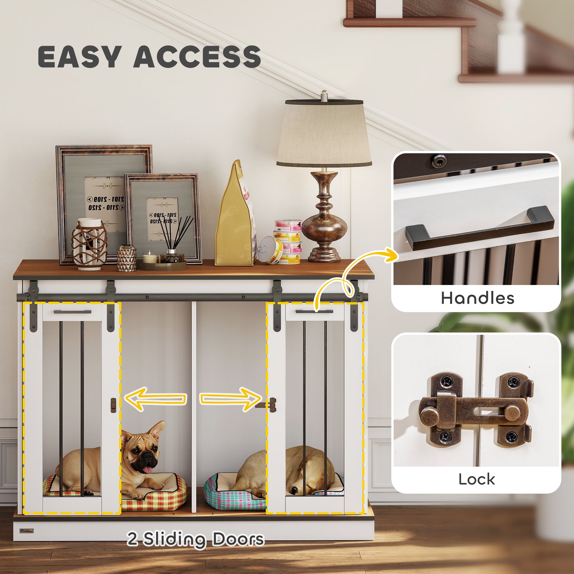 47in Dog Crate Furniture with Divider Panel, Wooden Dog Kennel TV Stand for Large Breeds, Pet House Side Table for 2 Small Breeds with 2 Rooms Design, 2 Sliding Doors, White
