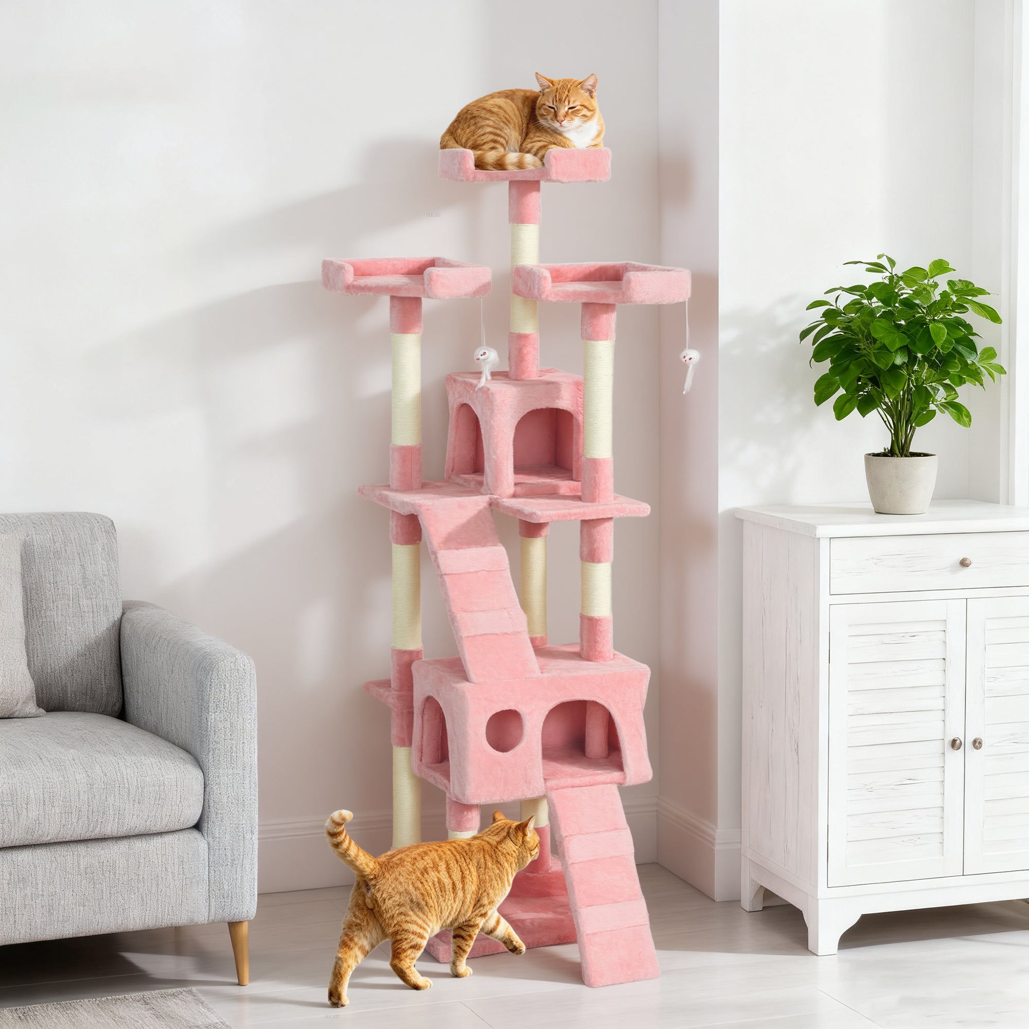68-inch Multi-Level Cat Scratching Tree Kitty Activity Center Post Tower Condo Pet Furniture w/ Toy Pink