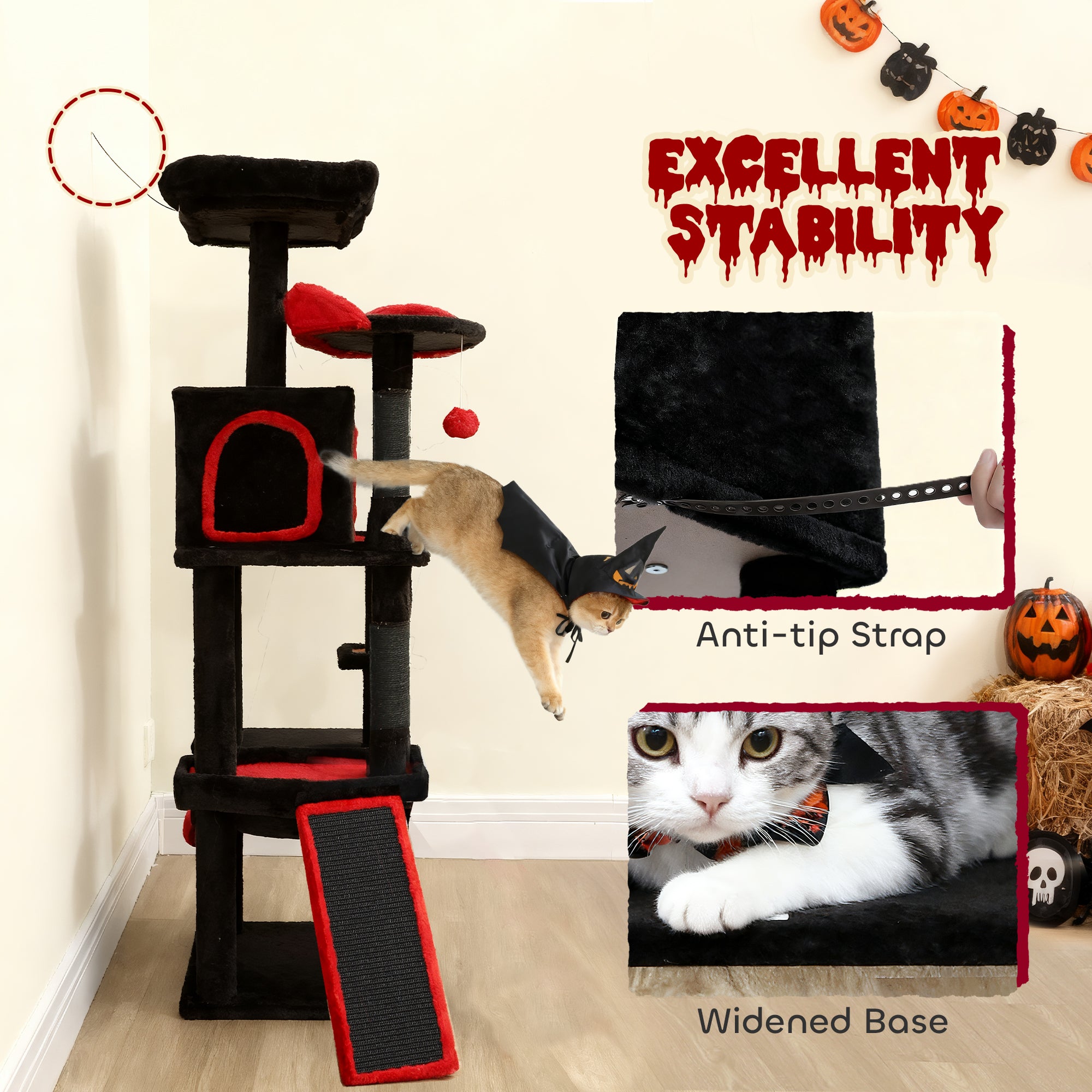 Gothic Cat Tree, 60" Tall Cat Tower with Coffin Bed,  Sisal Scratching Posts & Ramp, Condo, Hammock, Perches, Black