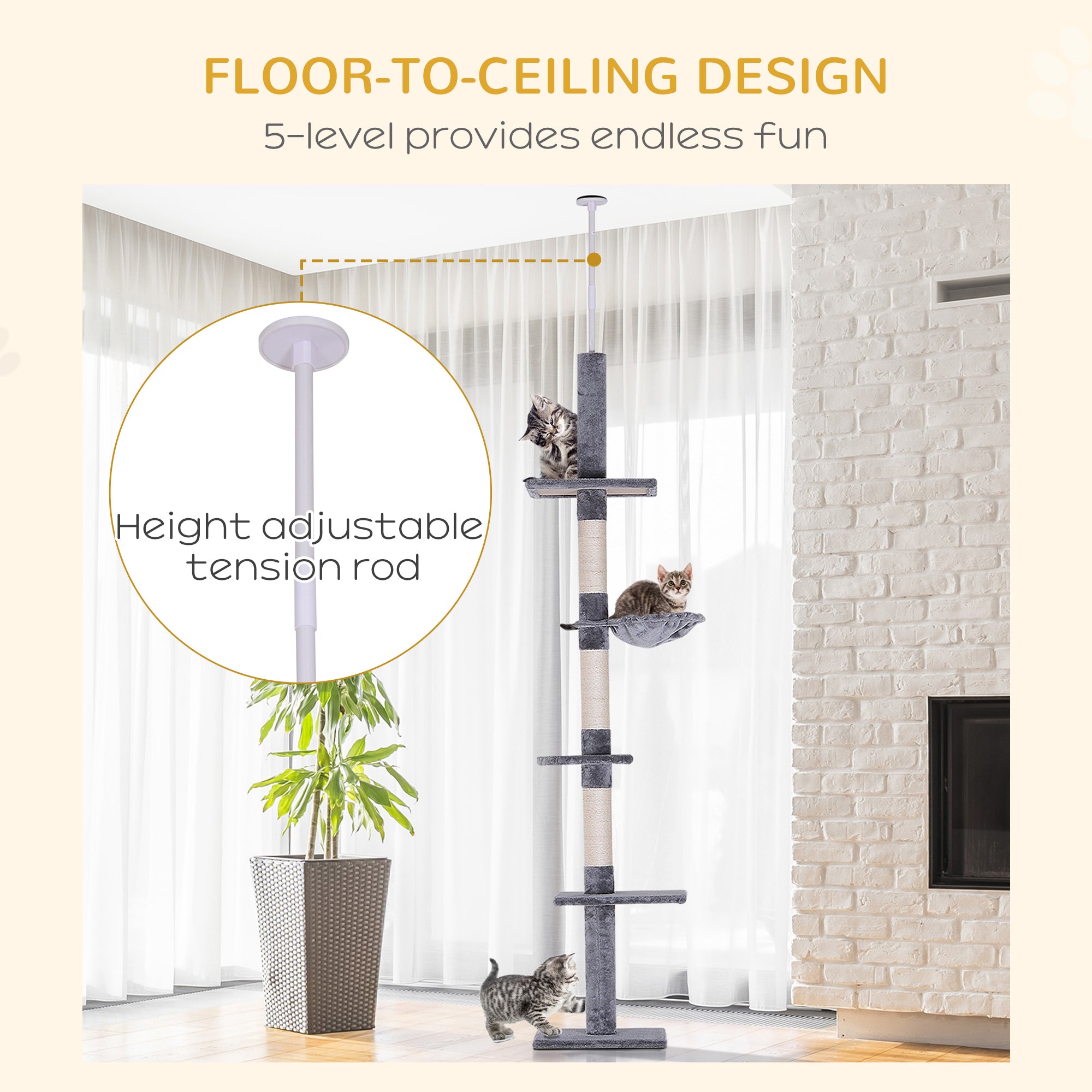 8.5ft Cat Climbing Tree 5-Tier Cat Activity Center Floor-to-Ceiling Cat Climber Toy with Scratching Post Play Rest Post Pet Furniture Grey