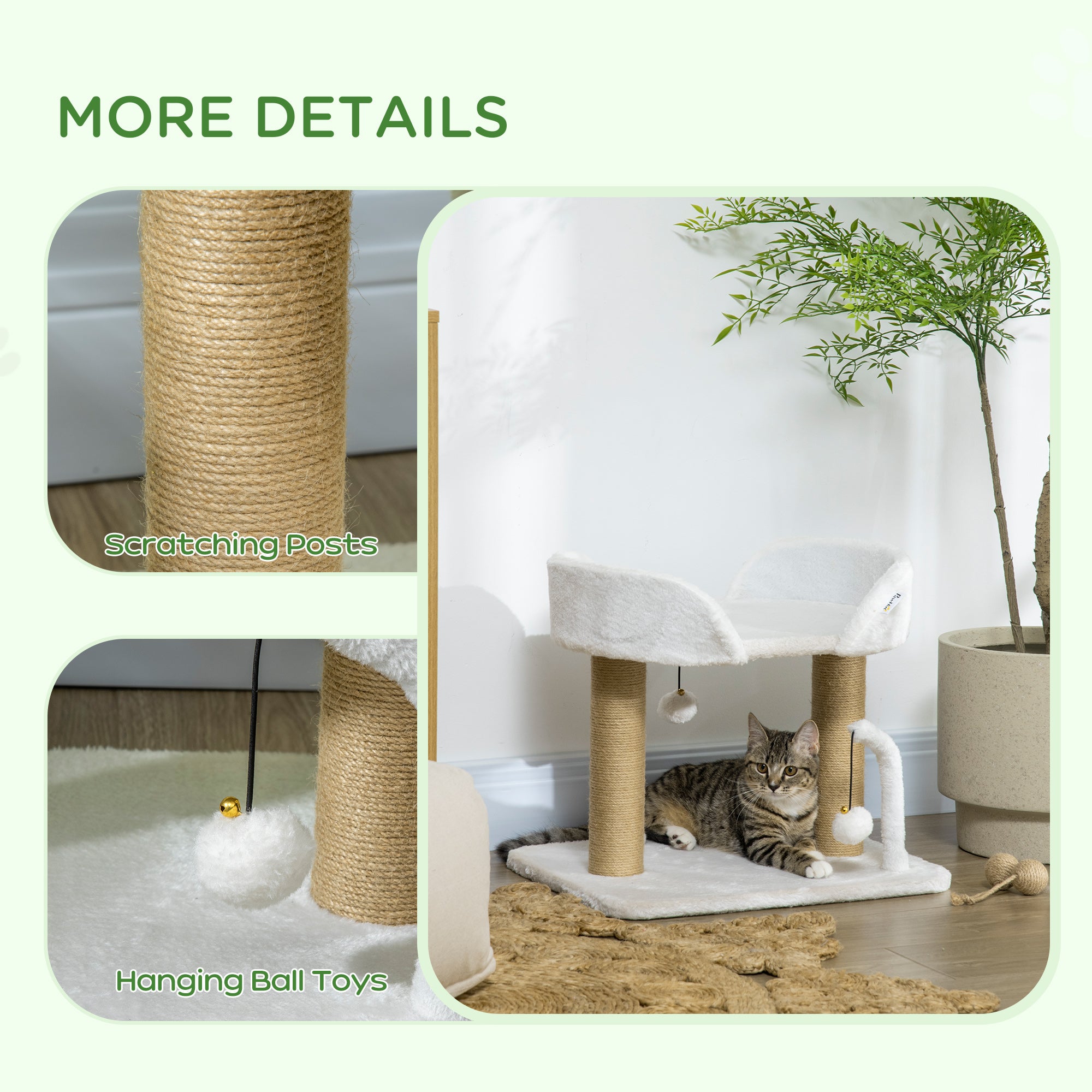 Condo pour chats d’intérieur, petit arbre à chat avec poteaux à griffer en jute, plateforme supérieure, balles suspendues, blanc