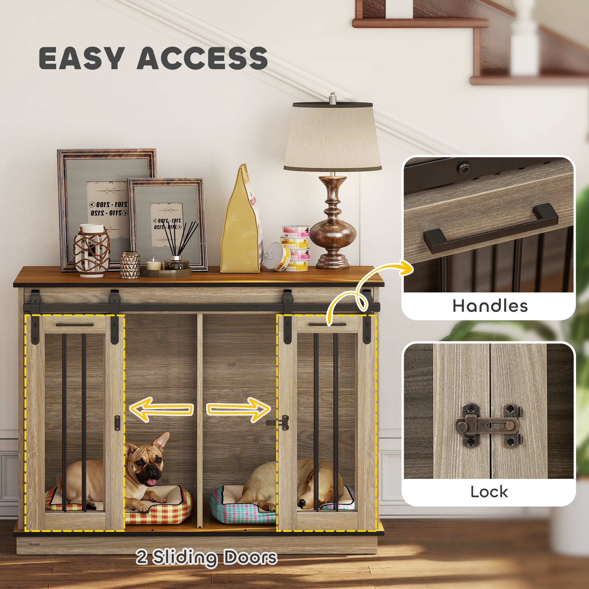 Meuble cage pour chien de 47 pouces avec panneau séparateur, niche en bois pour chien faisant office de meuble TV pour grands chiens, table d’appoint avec maison pour animaux pour 2 petits chiens, design à deux compartiments, 2 portes coulissantes, chêne