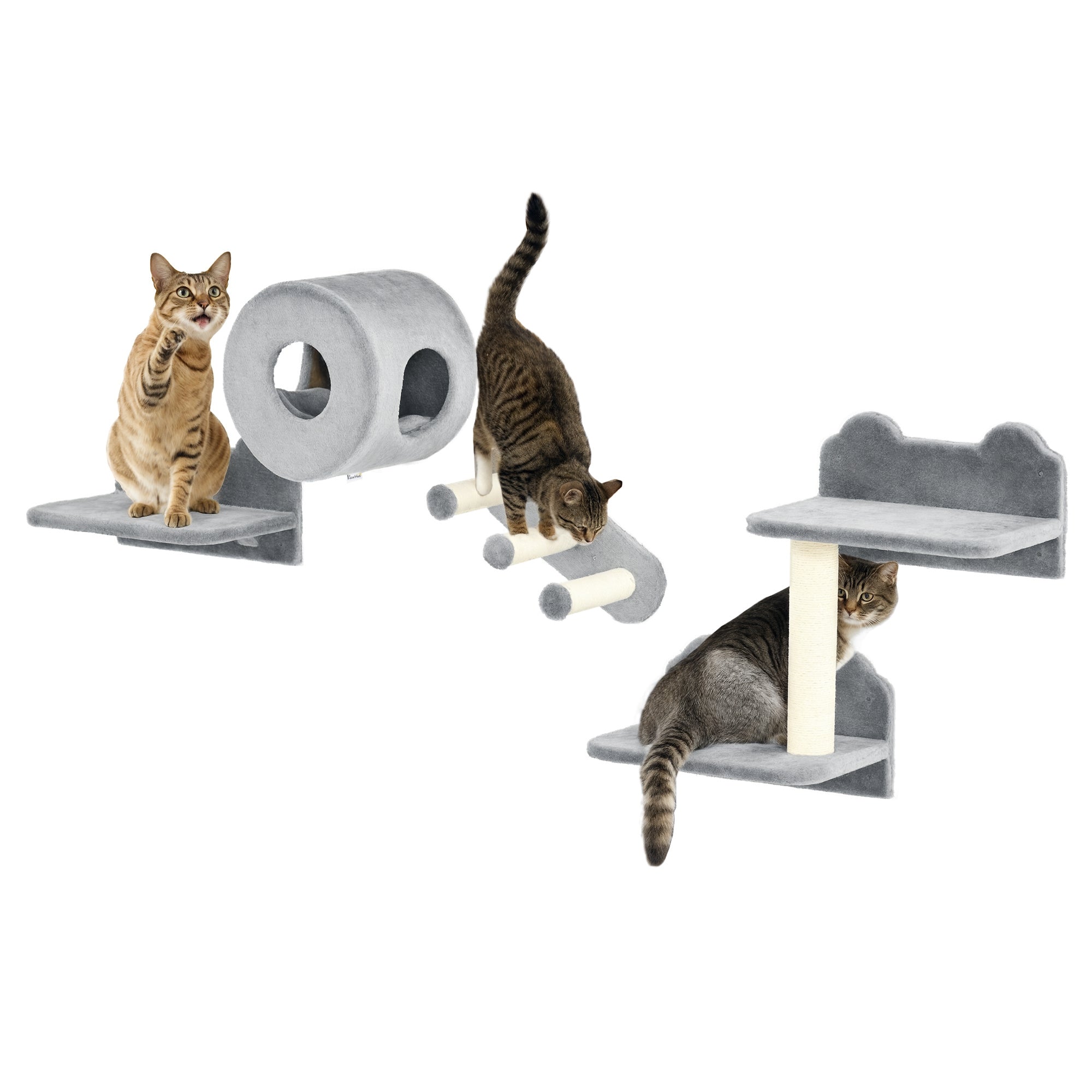 4 PCs 9.3" H Cat Wall Shelves, Pet Wall-mounted Climbing Shelf Set, Kitten Activity Centre with Condo, Cushion, Scratching Post, Jumping Platform, Grey