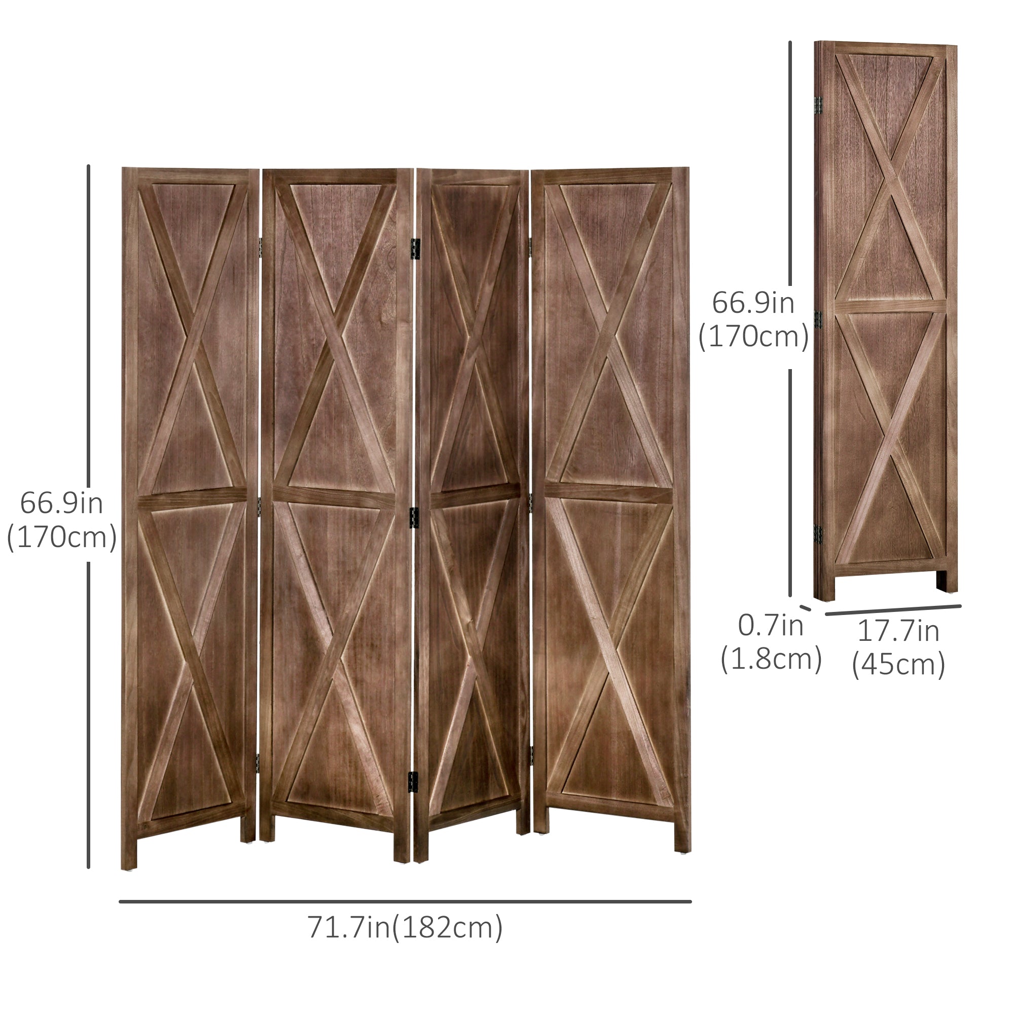 Séparateur de pièce de style champêtre à 4 panneaux avec cadre en bois pliable, 5,6 pieds, noyer