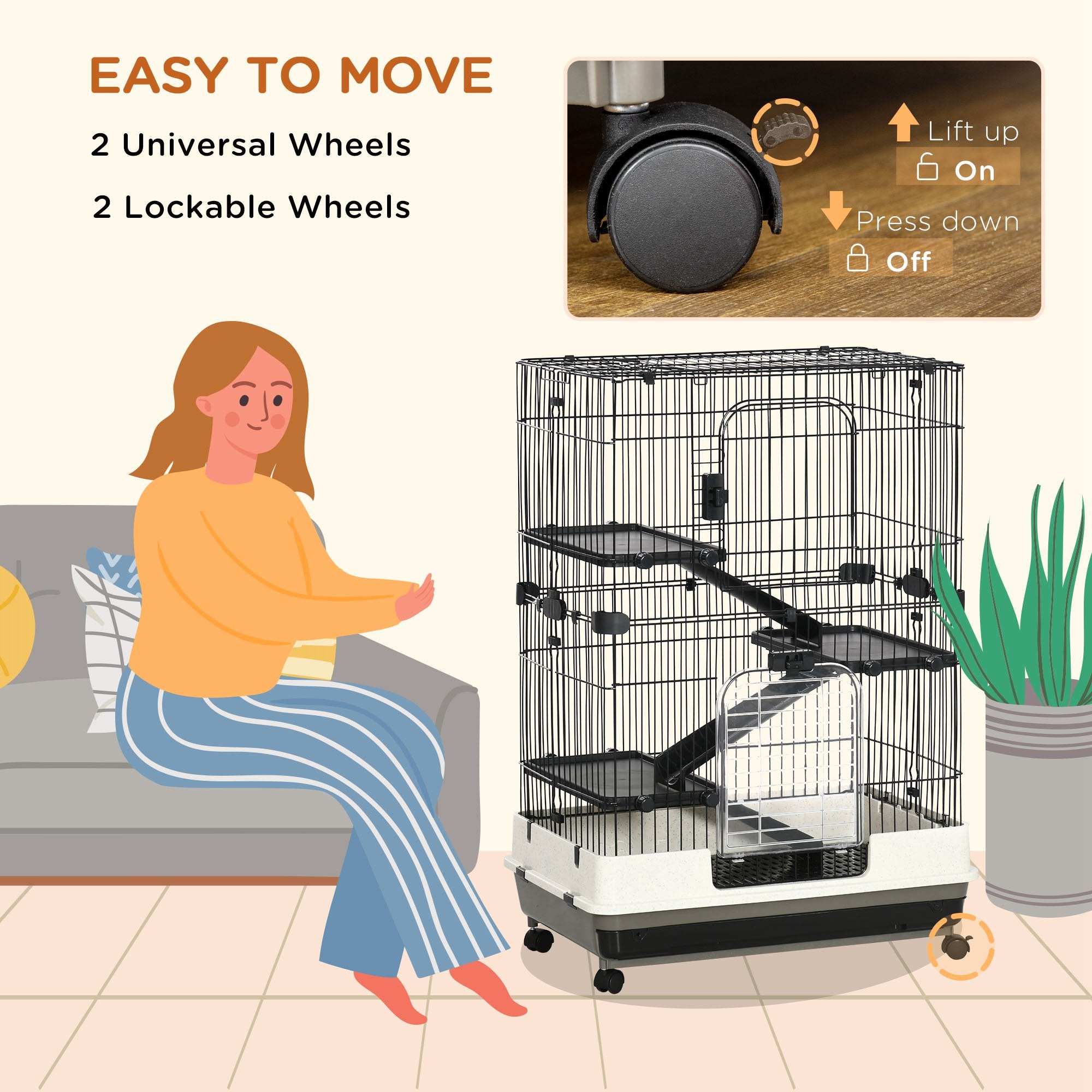 45"H Guinea Pig Cage, 4-Level Rabbit Cage for Ferret, Chinchilla, Hedghog, Bunny, Small Animal Habitat with Wheels, Slide-out Tray, Ramp, Black