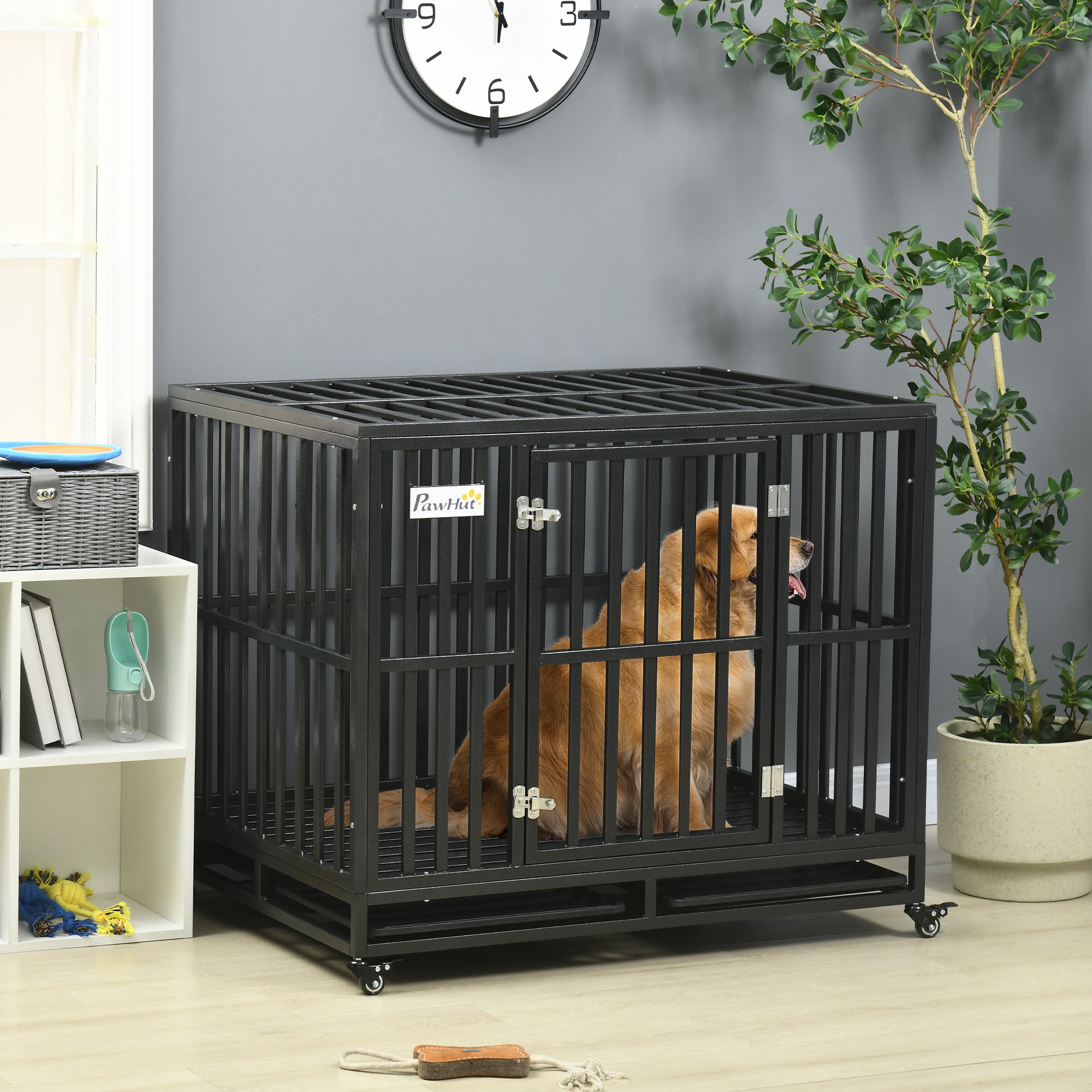 41" Heavy Duty Steel Dog Crate Kennel Pet Cage with Wheels for Convenient Access Anti-Pinching Floor, Black