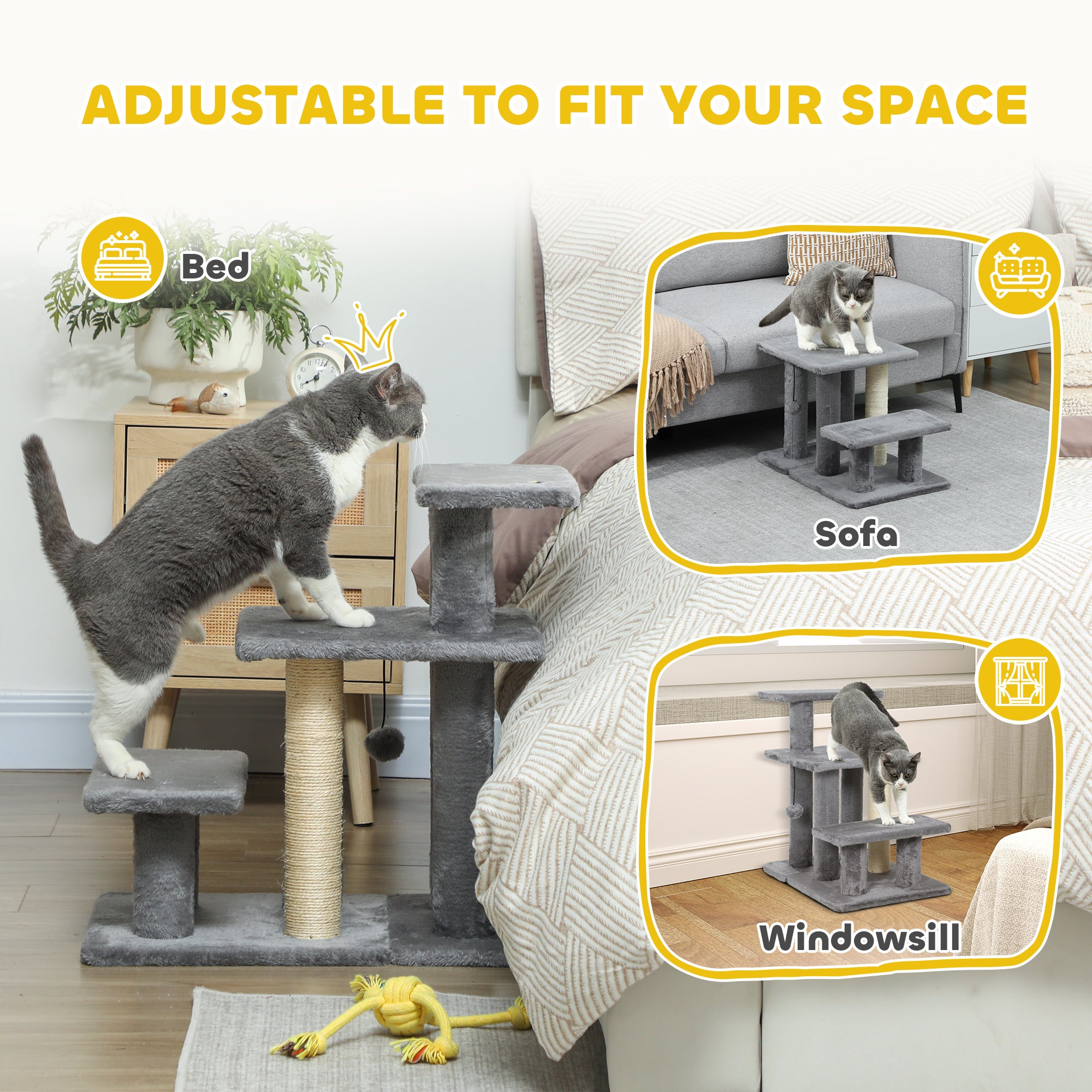 Cat Stairs with Sisal Scratching Post for High Bed Couch, Adjustable 3-Tier Pet Stairs, Grey